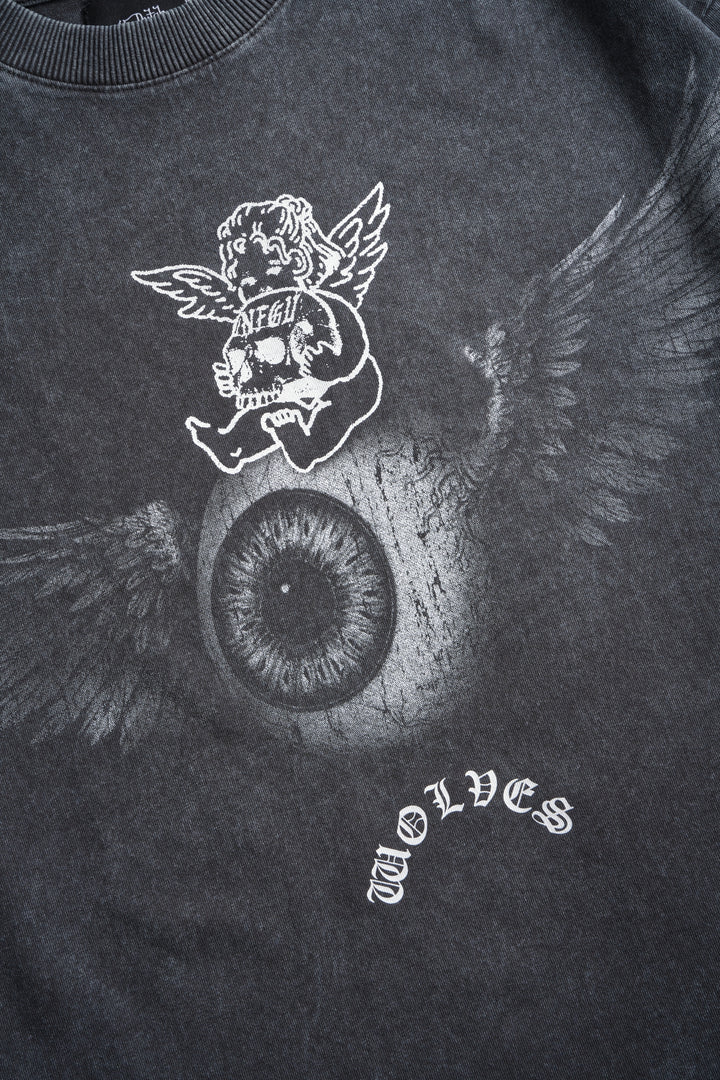 Flight Club Distressed Grunge Mid-Length Raw Hem Tee in Wolf Gray