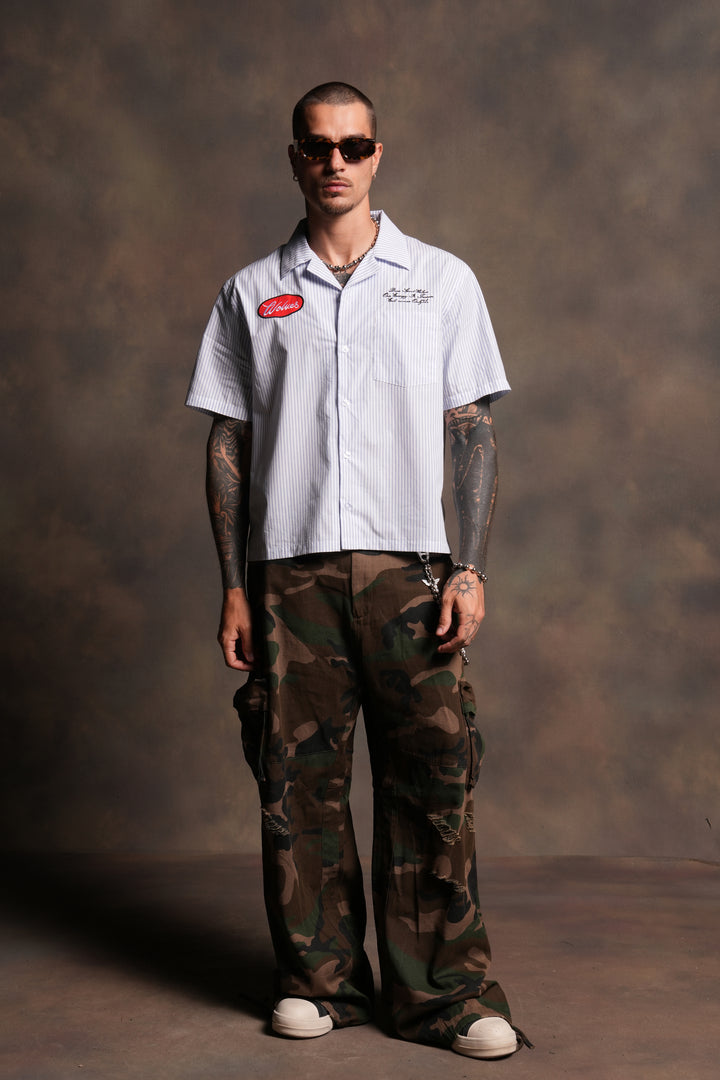 Ride With Us Dalton Mid Length Button Up in White/Blue