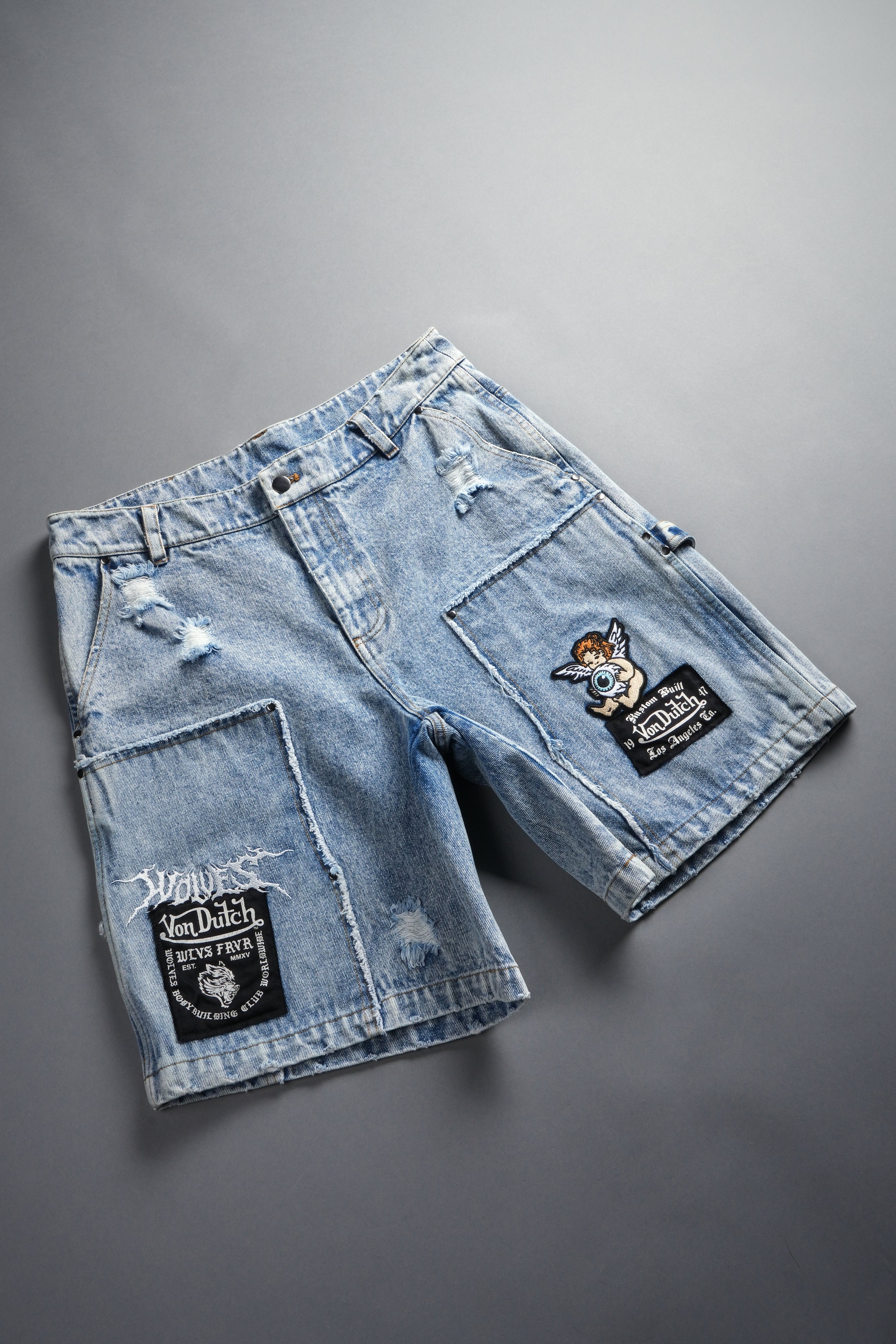 Darc Vice Distressed Denim Carpenter Shorts in Light Wash