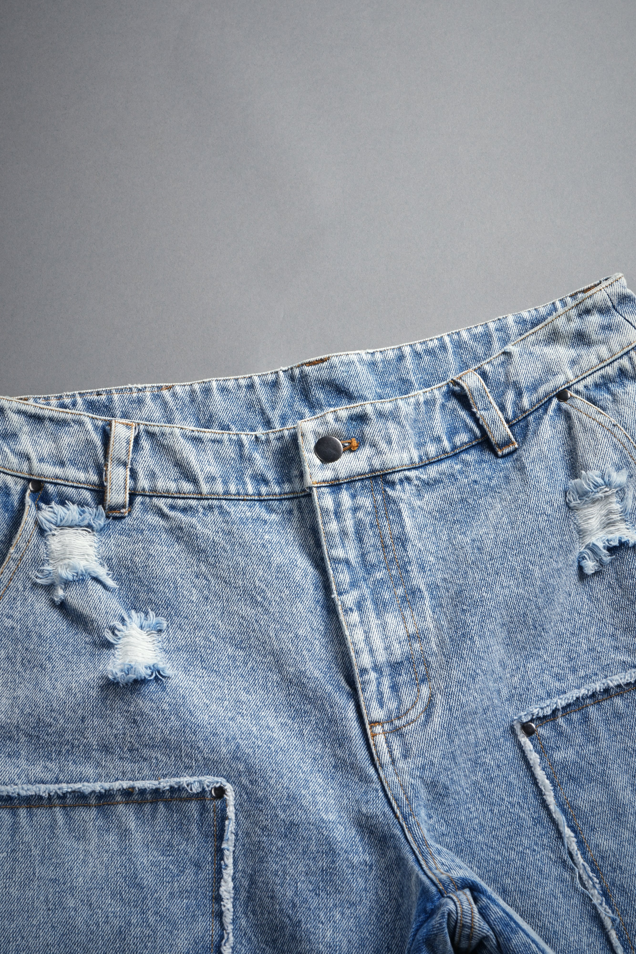 Darc Vice Distressed Denim Carpenter Shorts in Light Wash