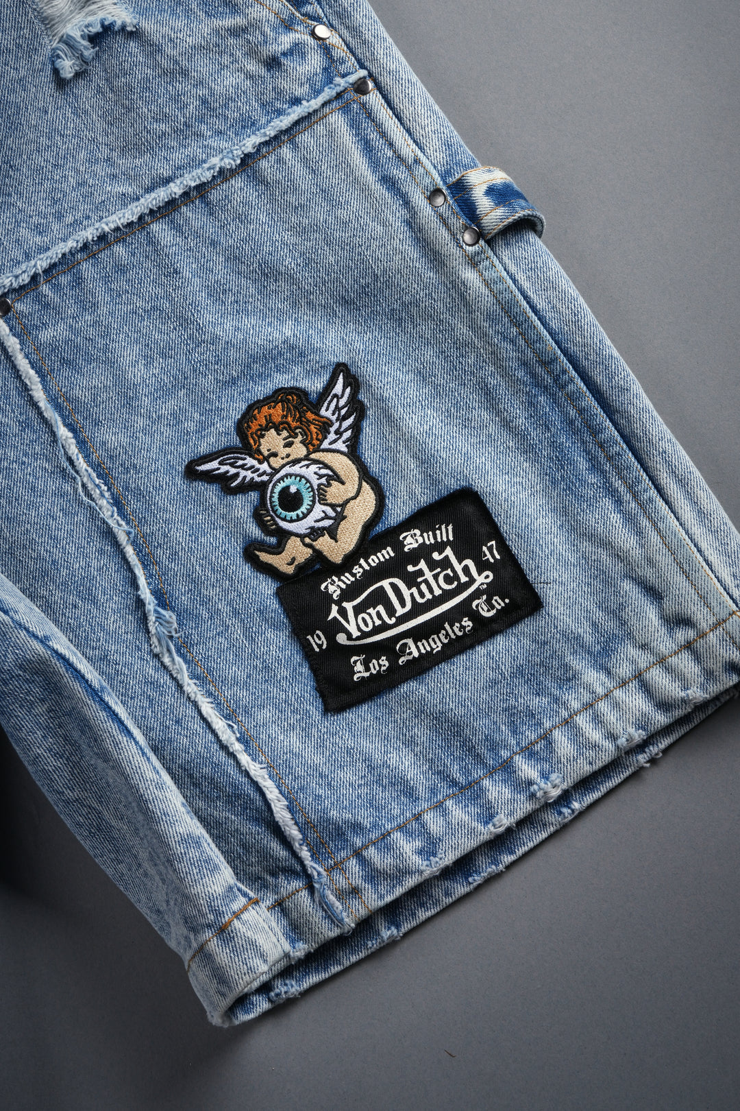 Darc Vice Distressed Denim Carpenter Shorts in Light Wash