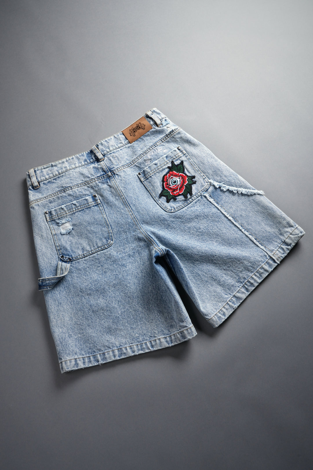 Darc Vice Distressed Denim Carpenter Shorts in Light Wash