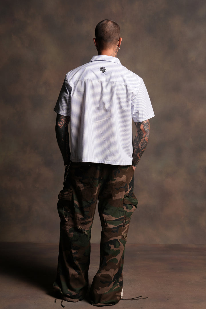 Ride With Us Dalton Mid Length Button Up in White/Blue