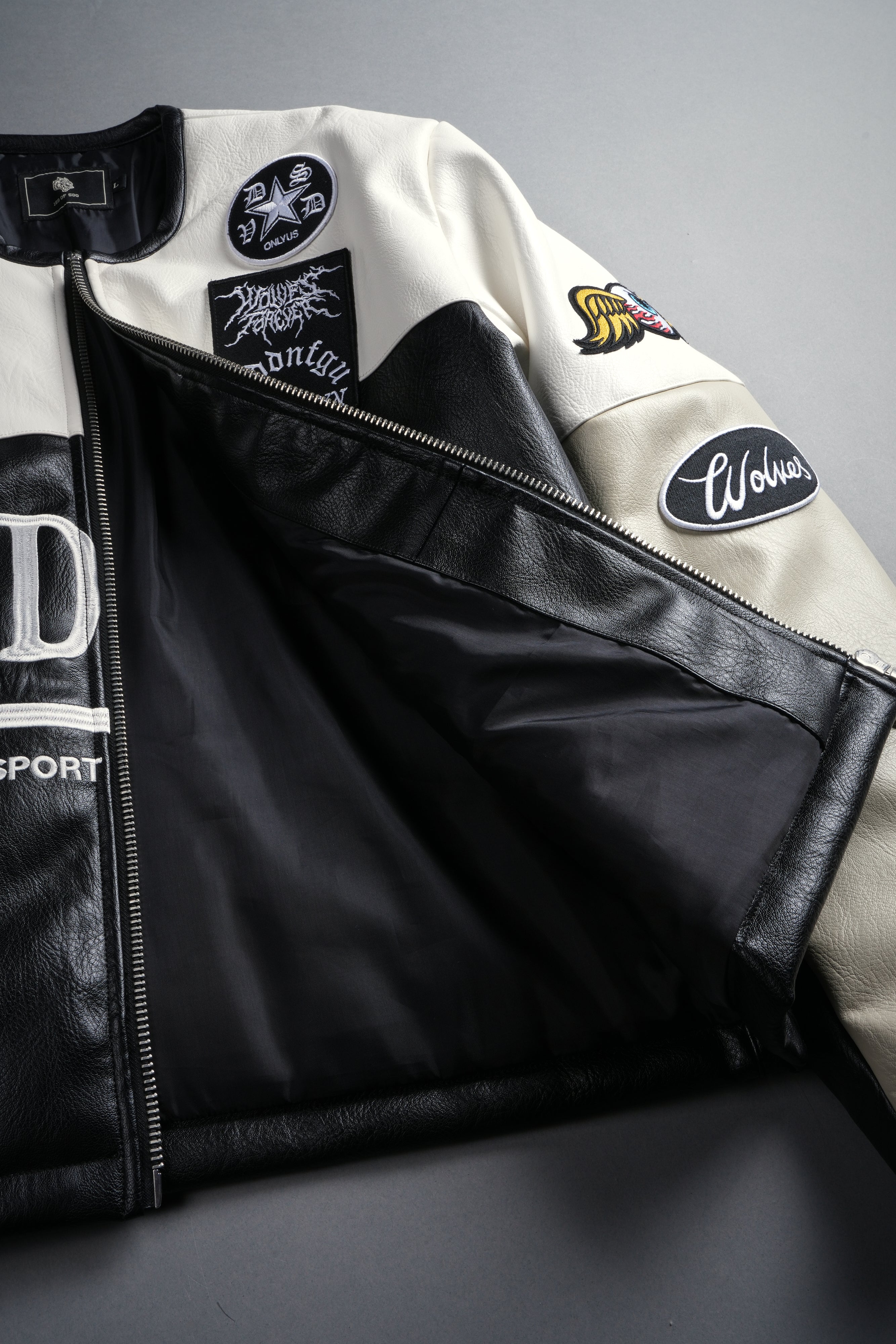 Darc  Kulture Johnny Biker Jacket in Cream/Black/Wolf Gray