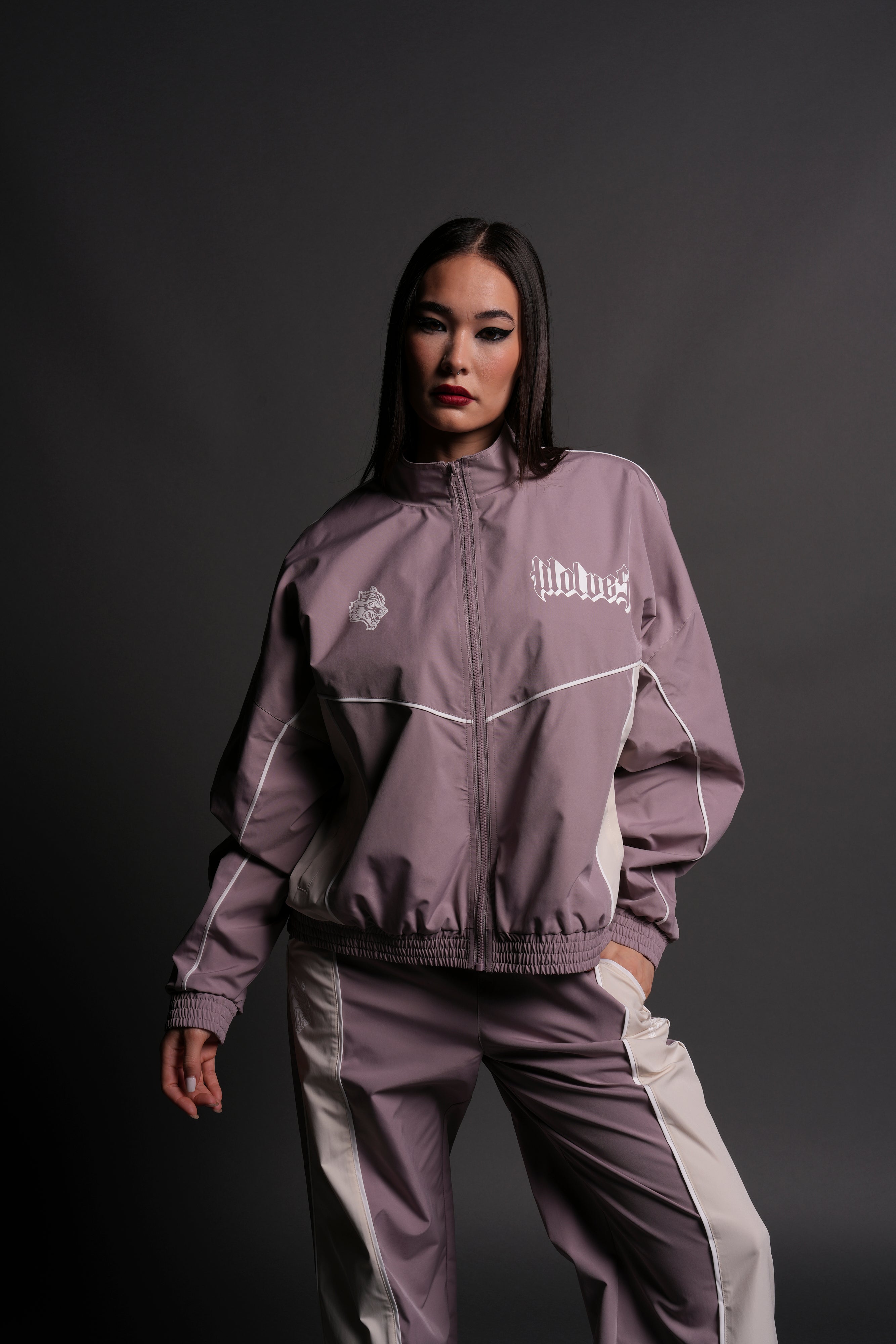 Our Passion Quinn Unisex Track Jacket in Light Mauve/Sand