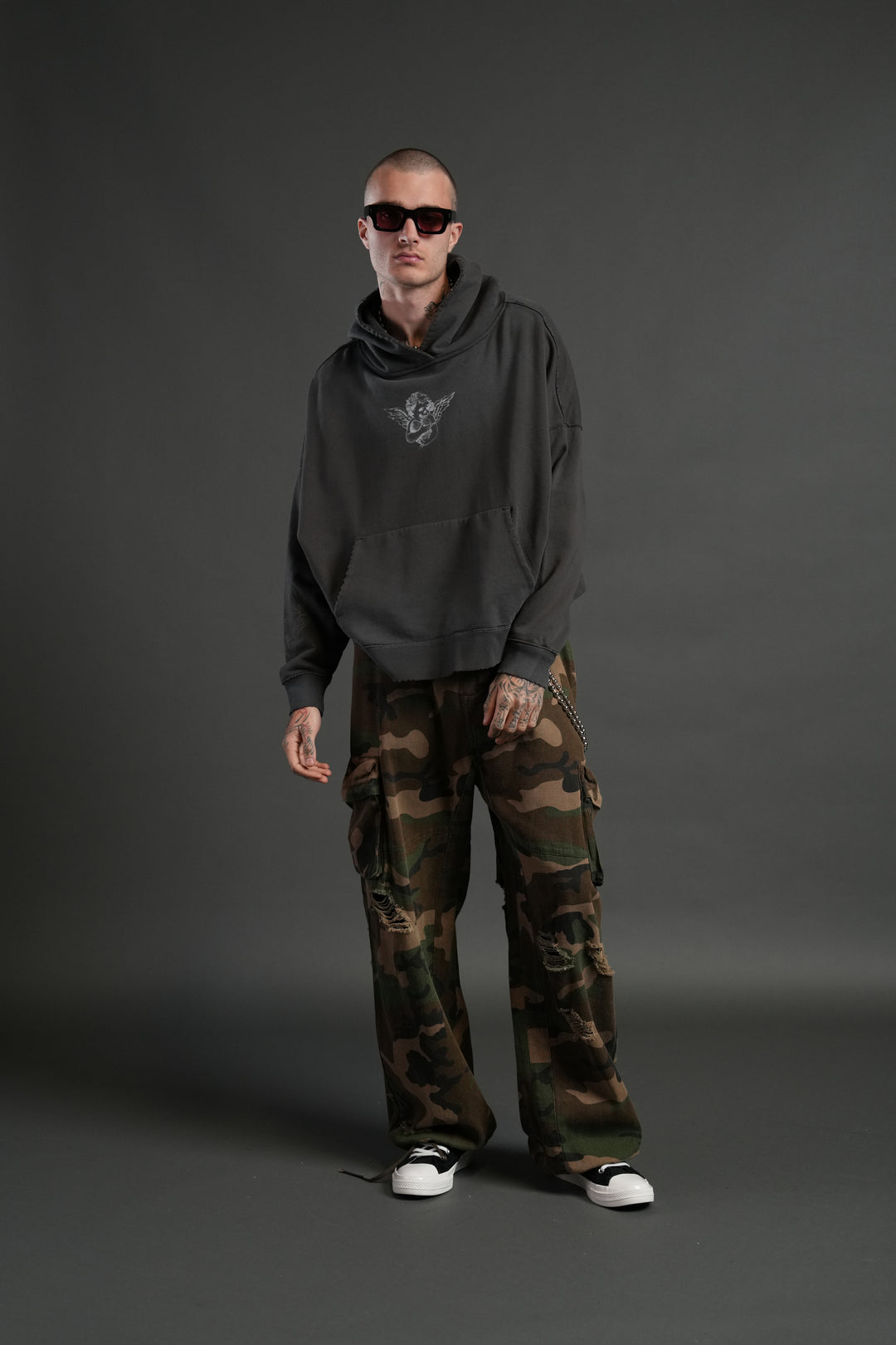 Shielded Heart Destroyed Grunge "Gage Box Cut" Hoodie in Wolf Gray Drift Wash