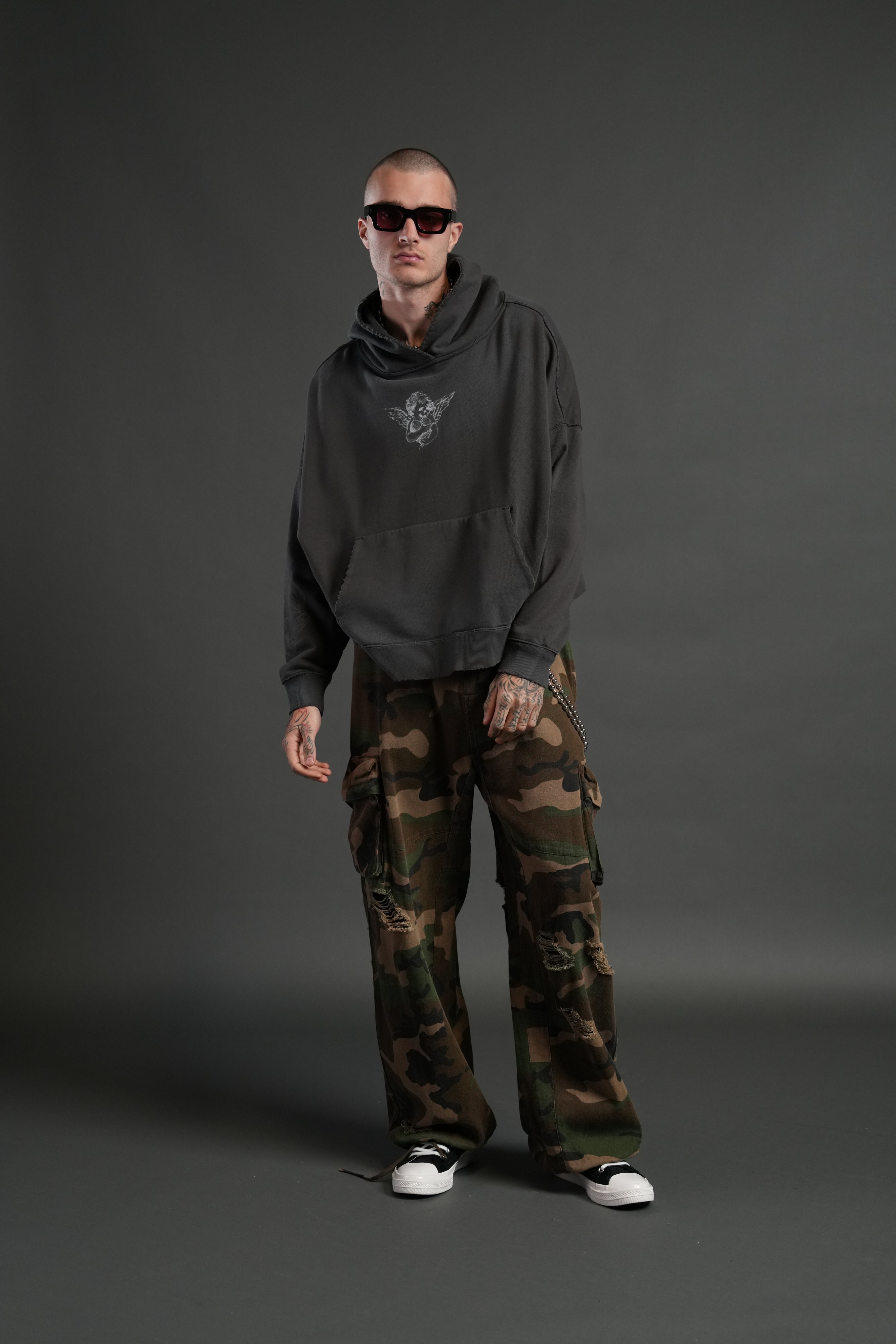 Shielded Heart Destroyed Grunge "Gage Box Cut" Hoodie in Wolf Gray Drift Wash
