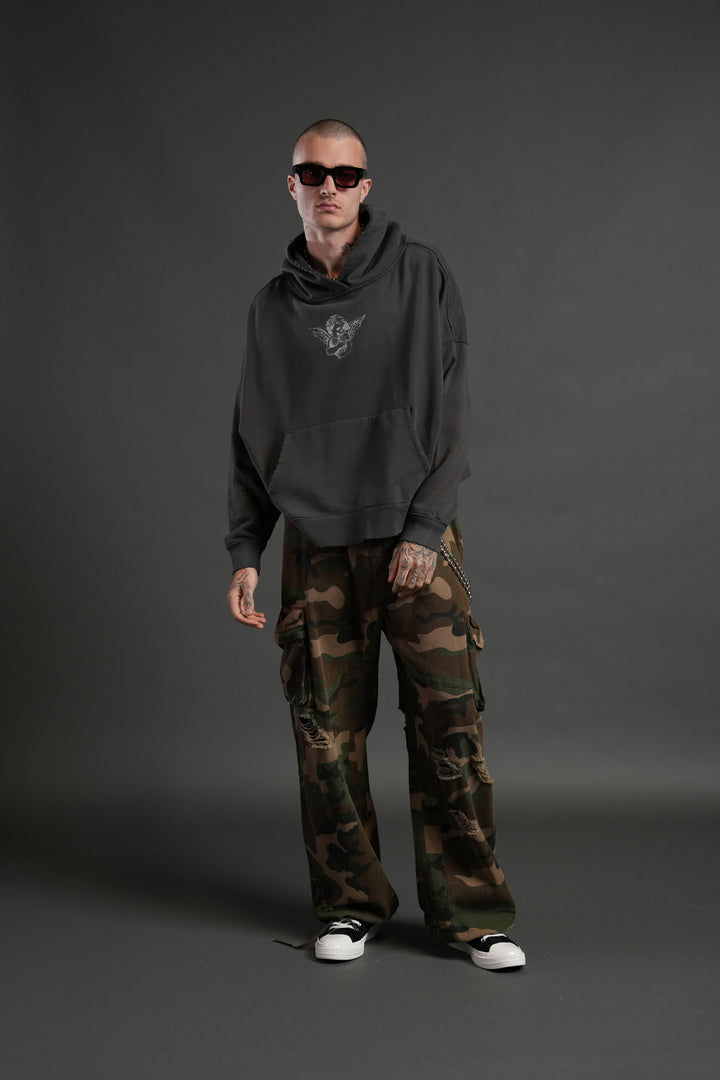 Shielded Heart Destroyed Grunge "Gage Box Cut" Hoodie in Wolf Gray Drift Wash