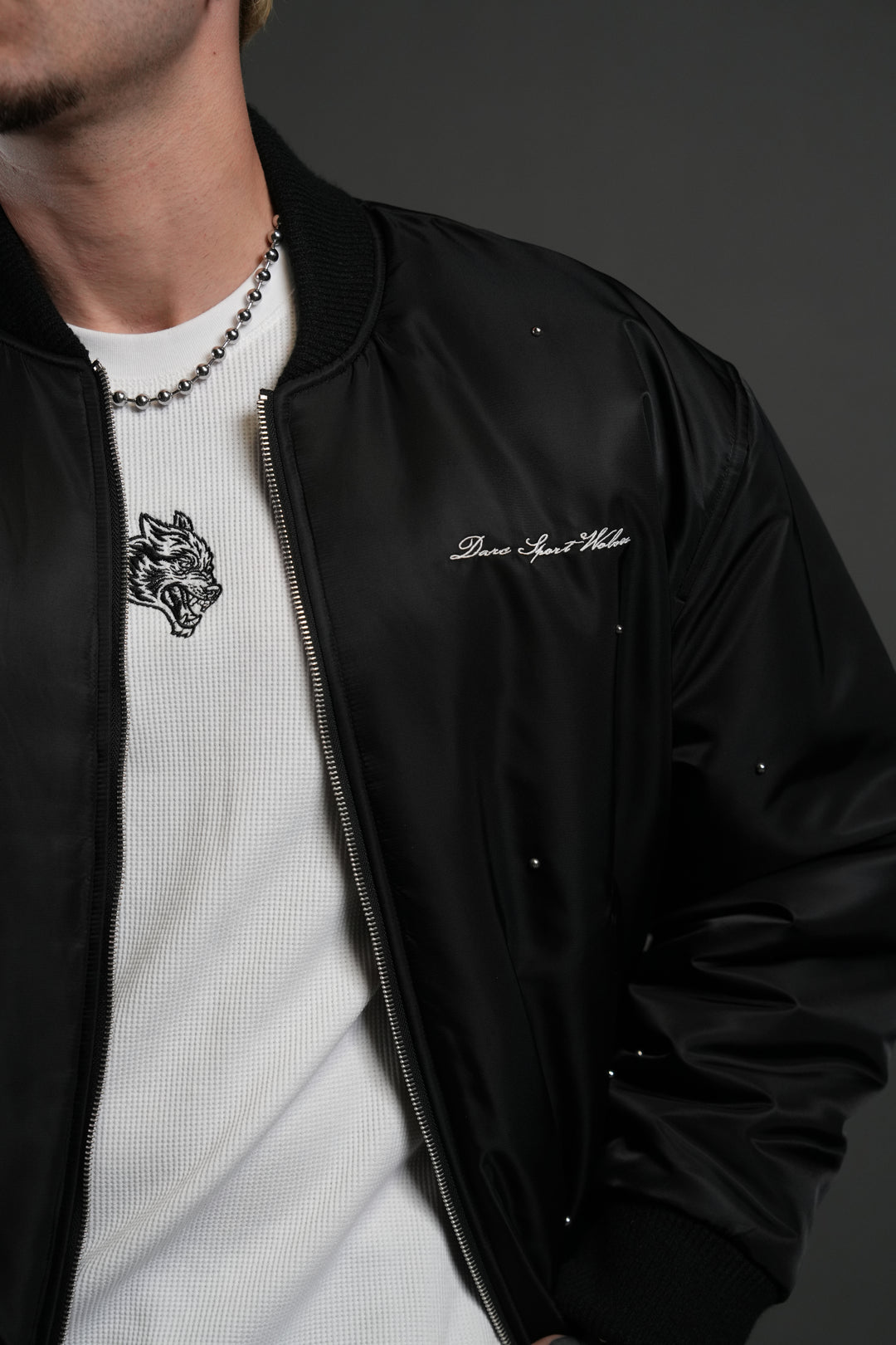 Studded Darc Sport Wolves Remy Bomber Jacket in Black
