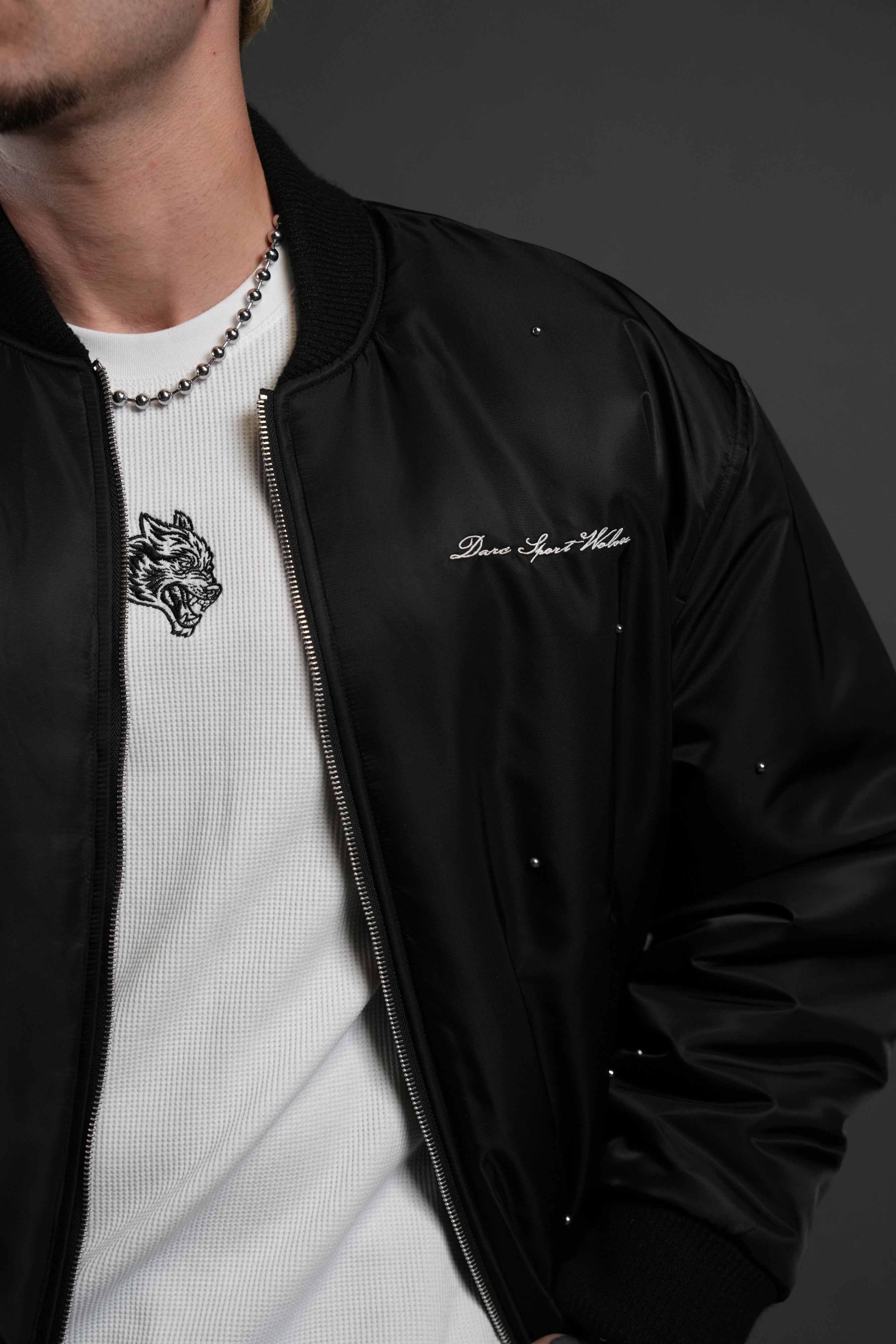 Studded Darc Sport Wolves Remy Bomber Jacket in Black