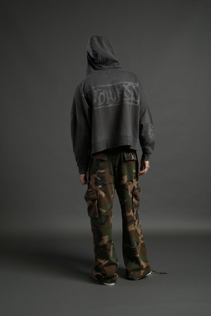 Shielded Heart Destroyed Grunge "Gage Box Cut" Hoodie in Wolf Gray Drift Wash