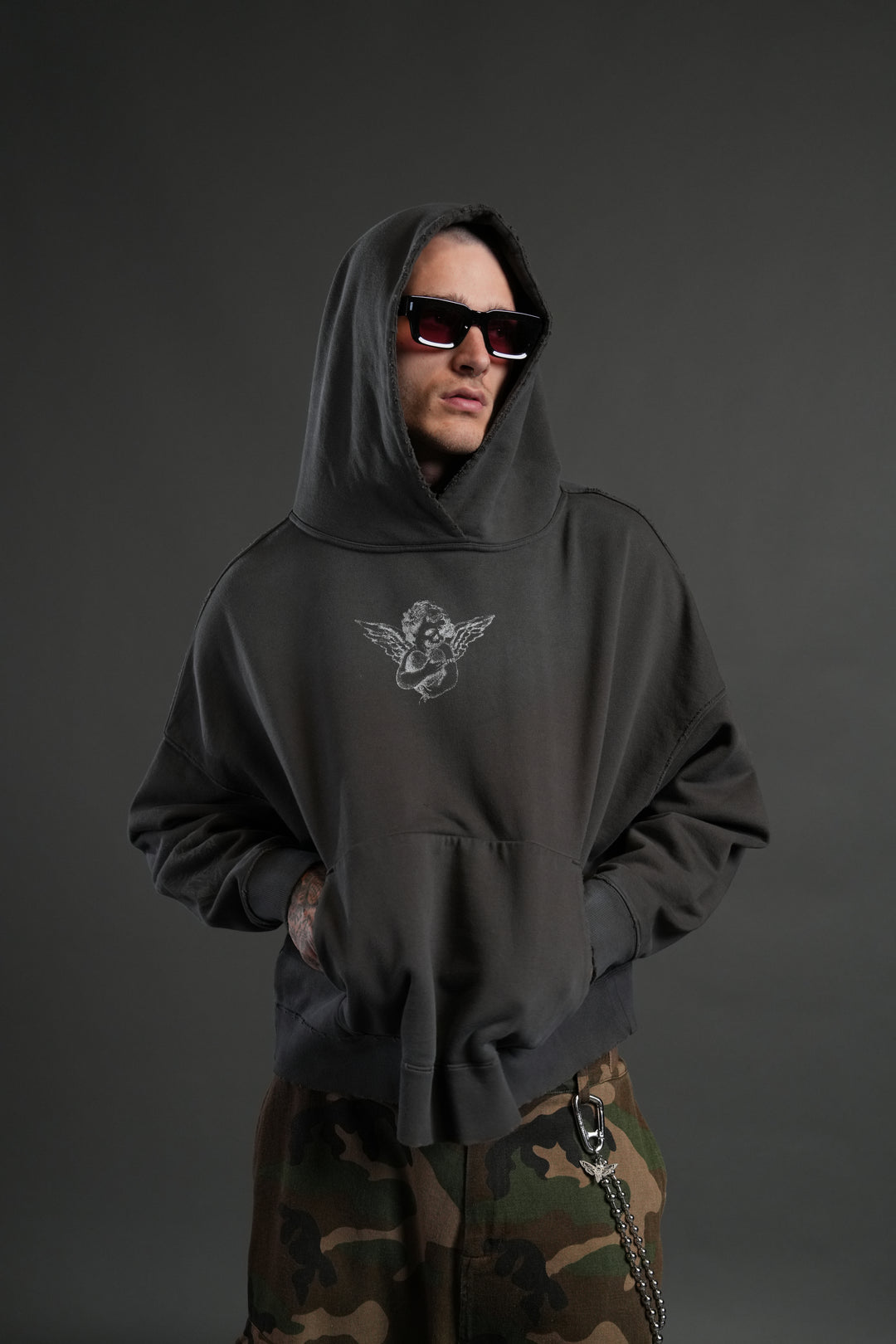 Shielded Heart Destroyed Grunge "Gage Box Cut" Hoodie in Wolf Gray Drift Wash