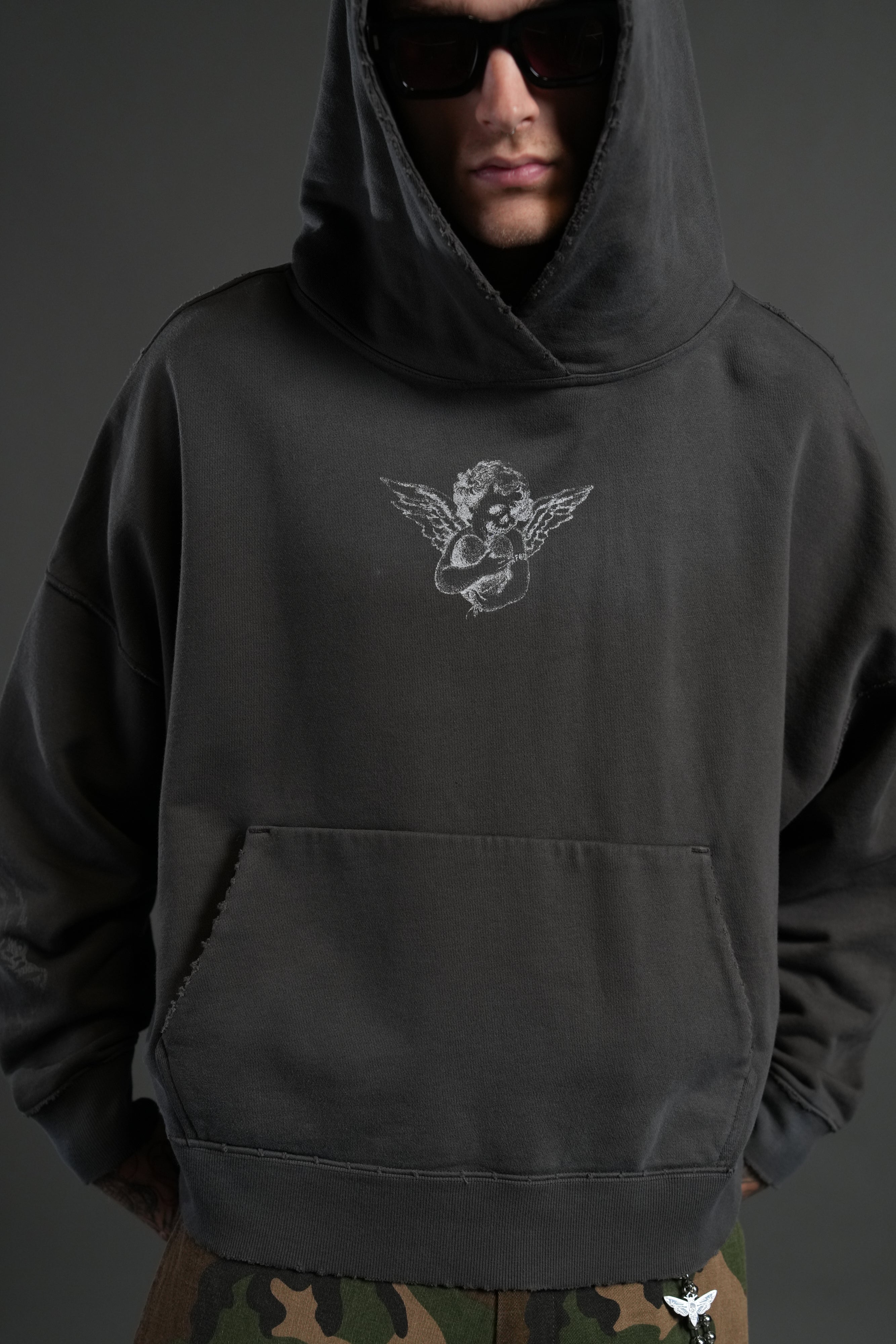 Shielded Heart Destroyed Grunge "Gage Box Cut" Hoodie in Wolf Gray Drift Wash