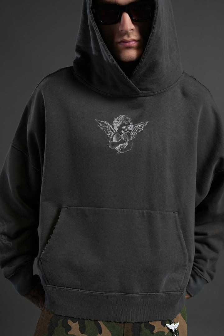 Shielded Heart Destroyed Grunge "Gage Box Cut" Hoodie in Wolf Gray Drift Wash