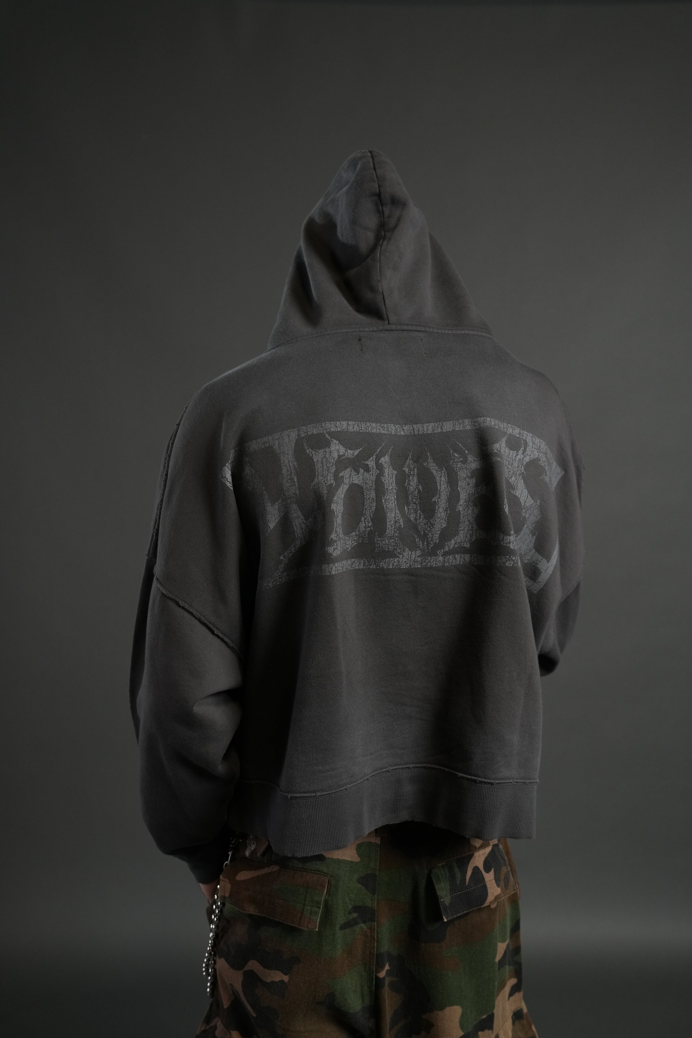 Shielded Heart Destroyed Grunge "Gage Box Cut" Hoodie in Wolf Gray Drift Wash