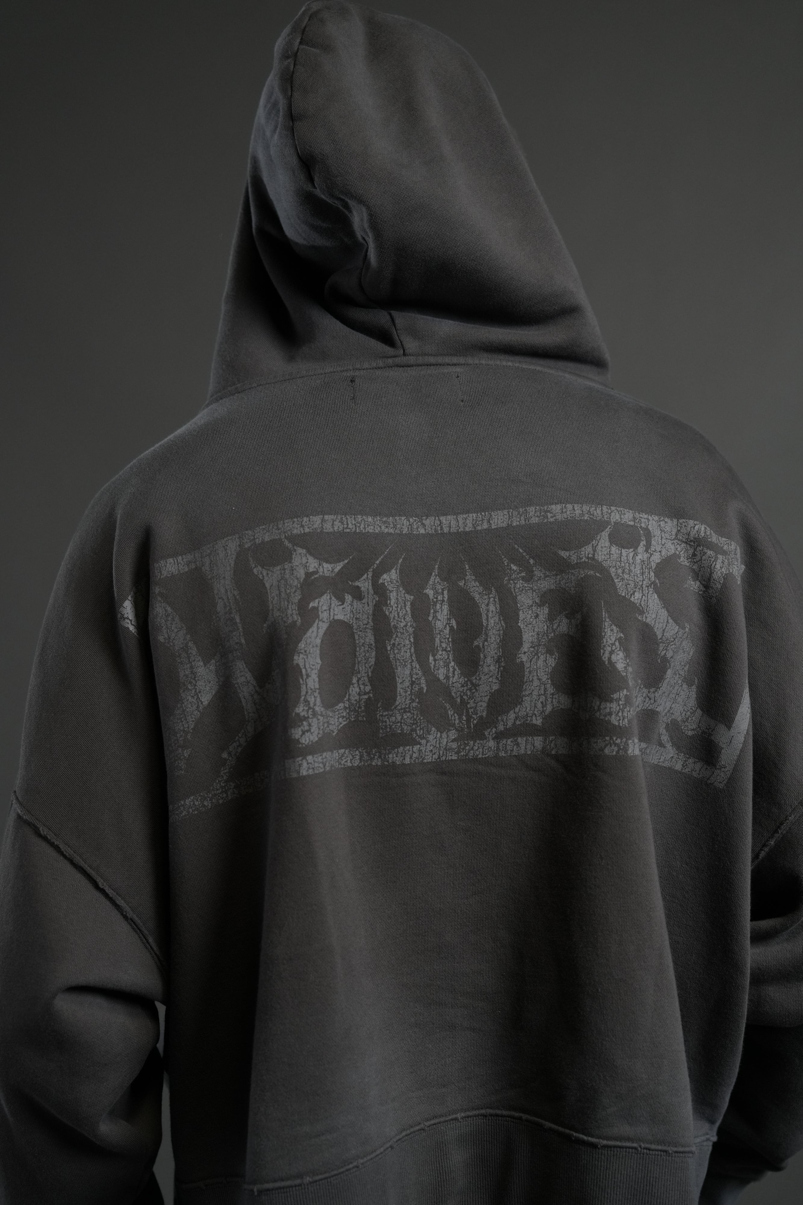 Shielded Heart Destroyed Grunge "Gage Box Cut" Hoodie in Wolf Gray Drift Wash