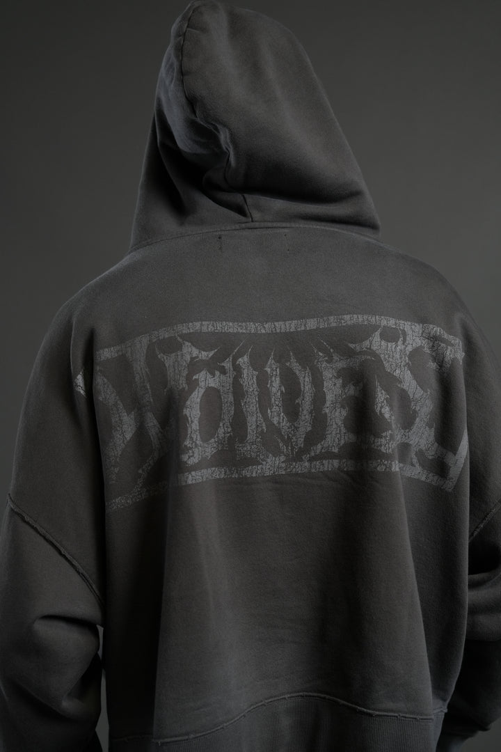 Shielded Heart Destroyed Grunge "Gage Box Cut" Hoodie in Wolf Gray Drift Wash