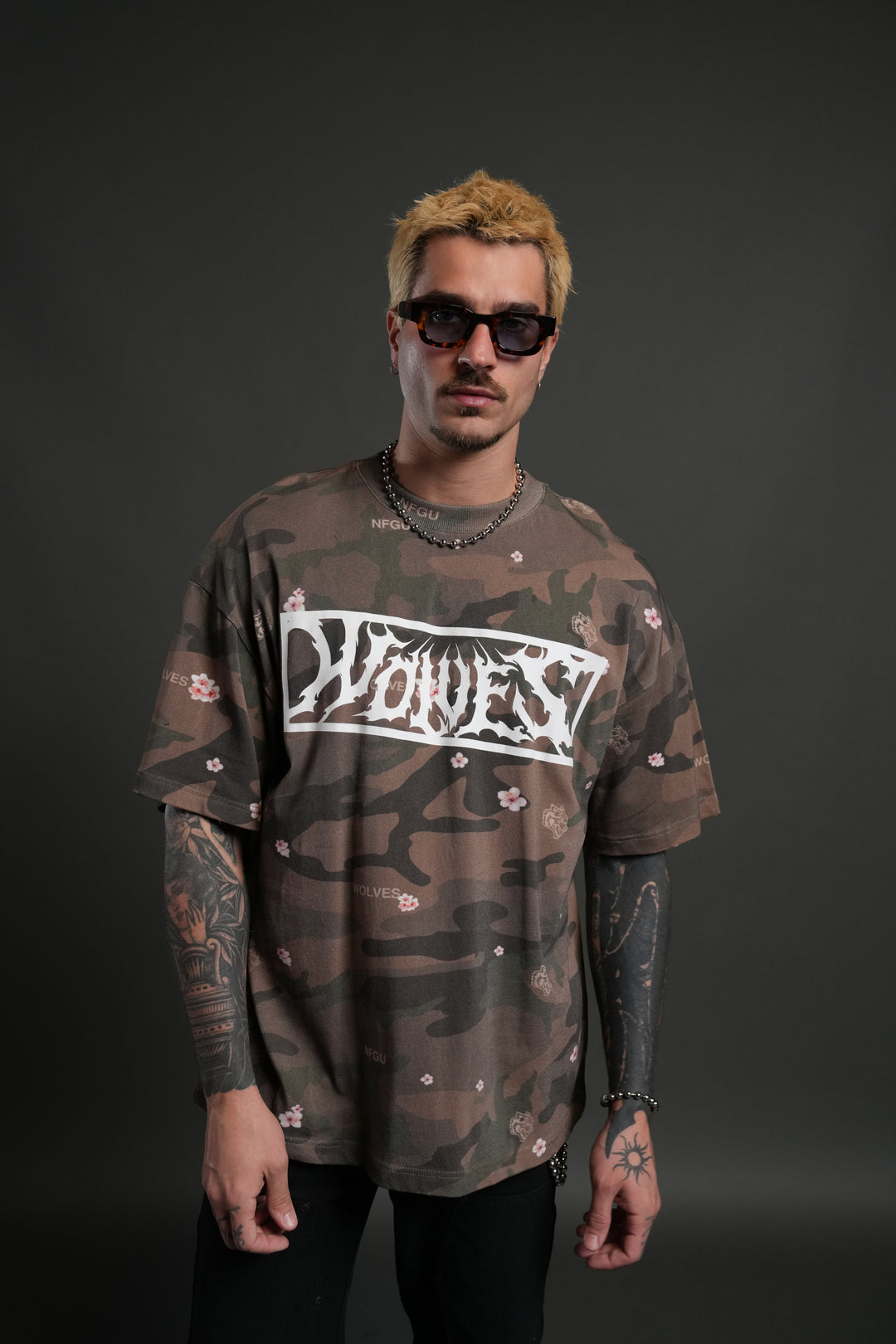 Midnight Wolves Unisex "Premium" Oversized Tee in Vintage Blossom Woodland Camo