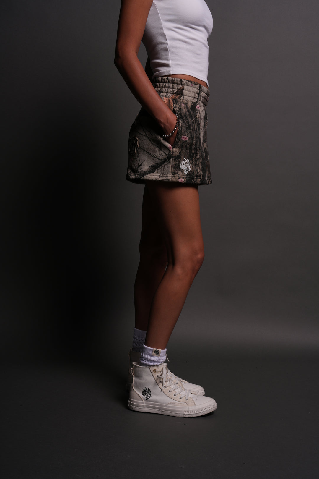 Chopper Appliqué Everson Sweat Shorts in Cherry Blossom Woodland Camo