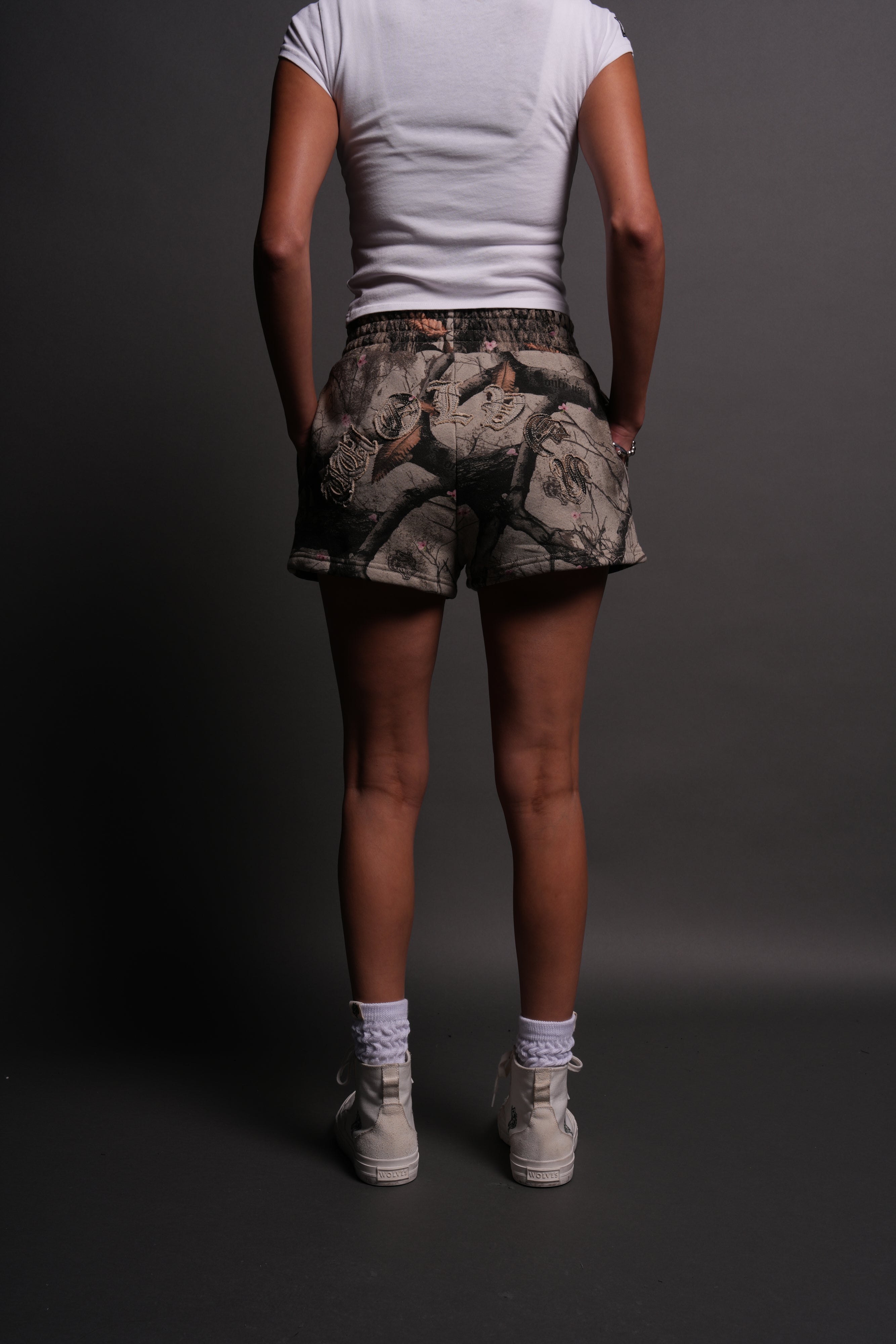 Chopper Appliqué Everson Sweat Shorts in Cherry Blossom Woodland Camo