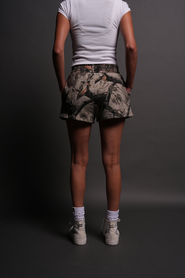 Chopper Appliqué Everson Sweat Shorts in Cherry Blossom Woodland Camo