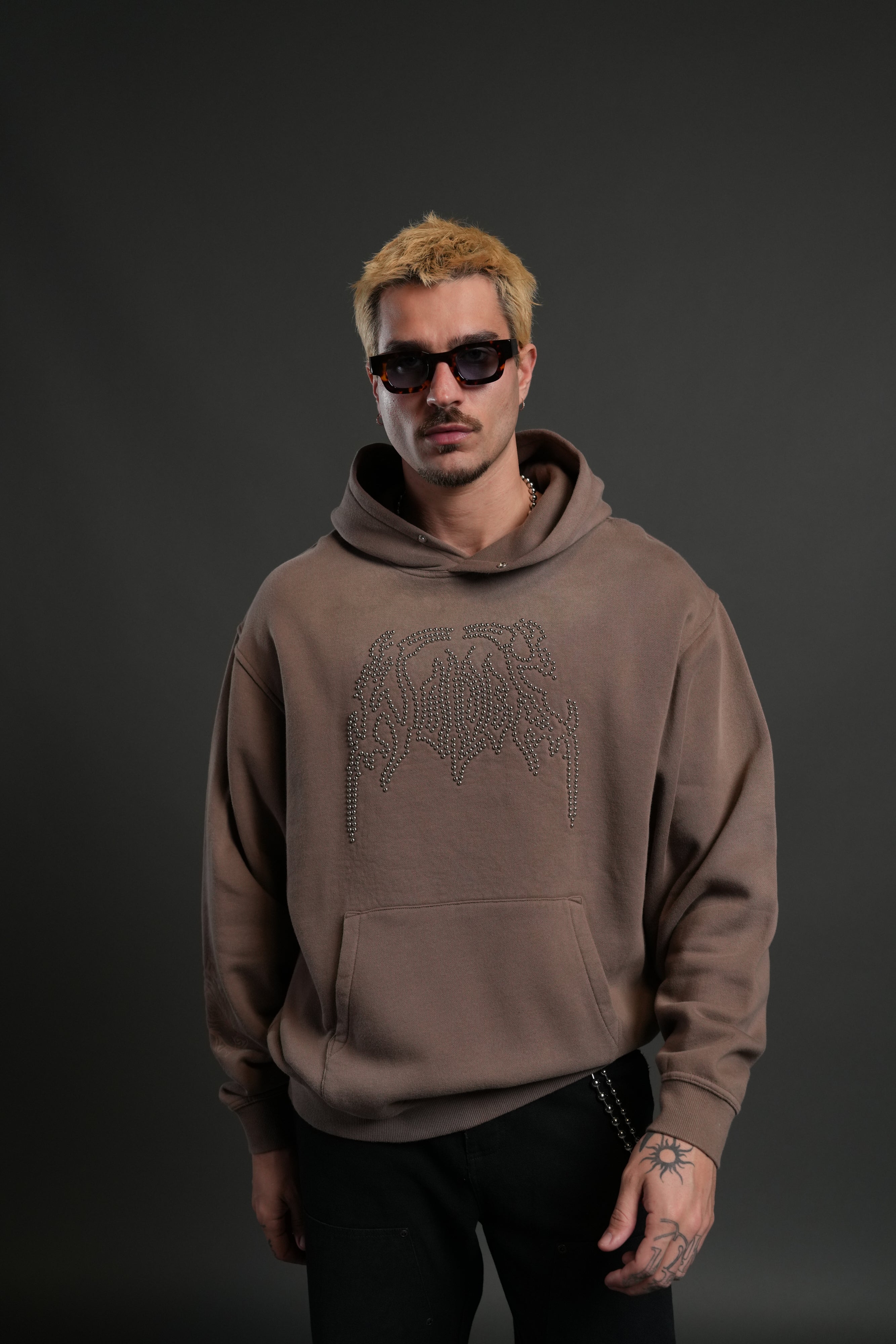 Studded Respect Unisex "Pierce" Hoodie in Mojave Brown Drift Wash