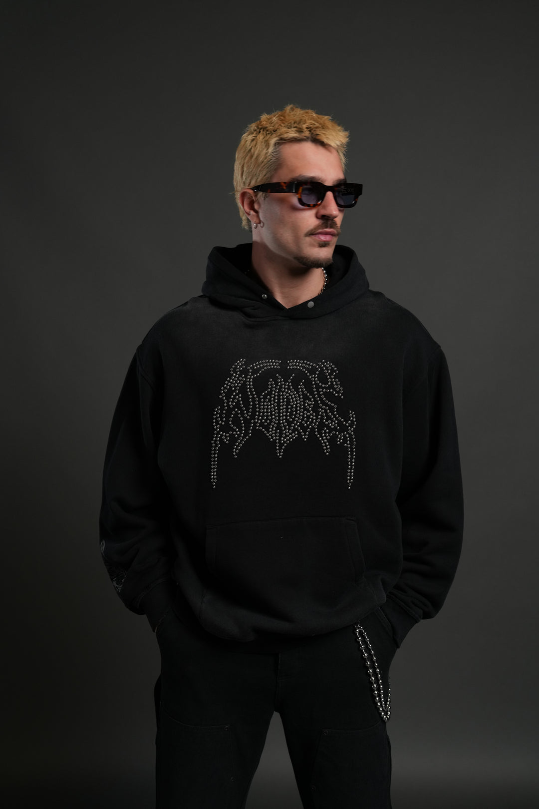 Studded Respect Unisex "Pierce" Hoodie in Black Drift Wash