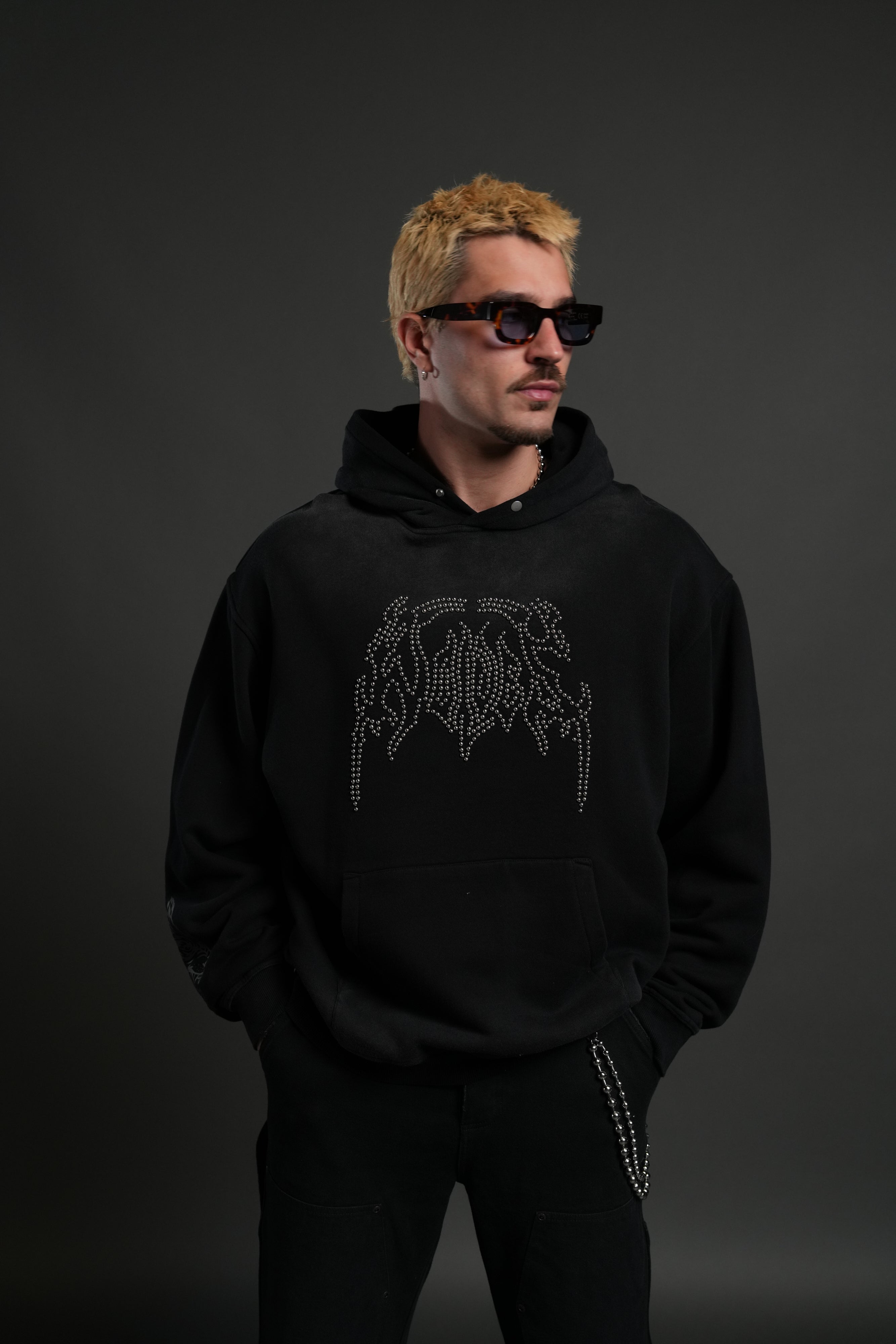 Studded Respect Unisex "Pierce" Hoodie in Black Drift Wash