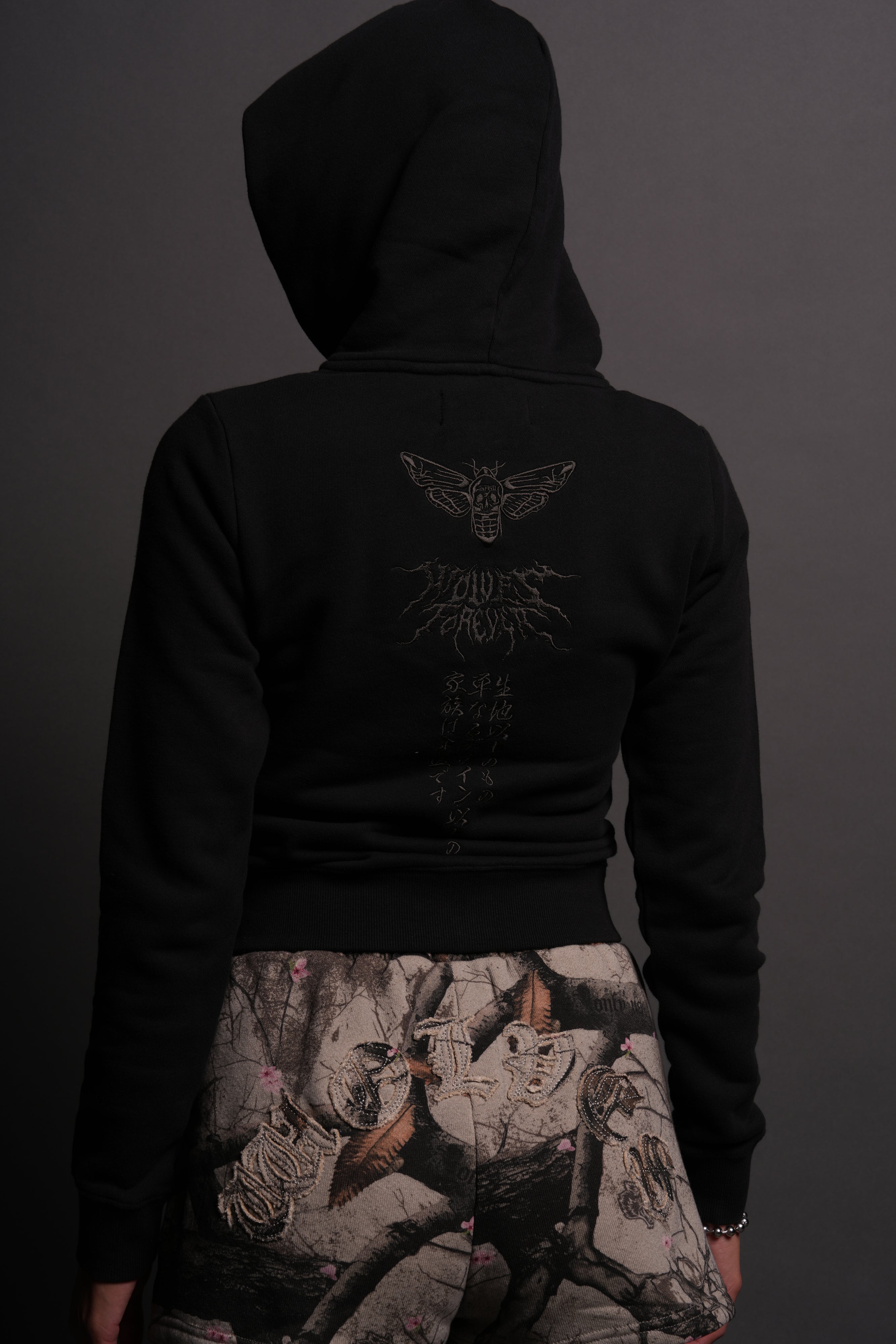 Moth Kanji "Iris" Zip Up Hoodie in Black