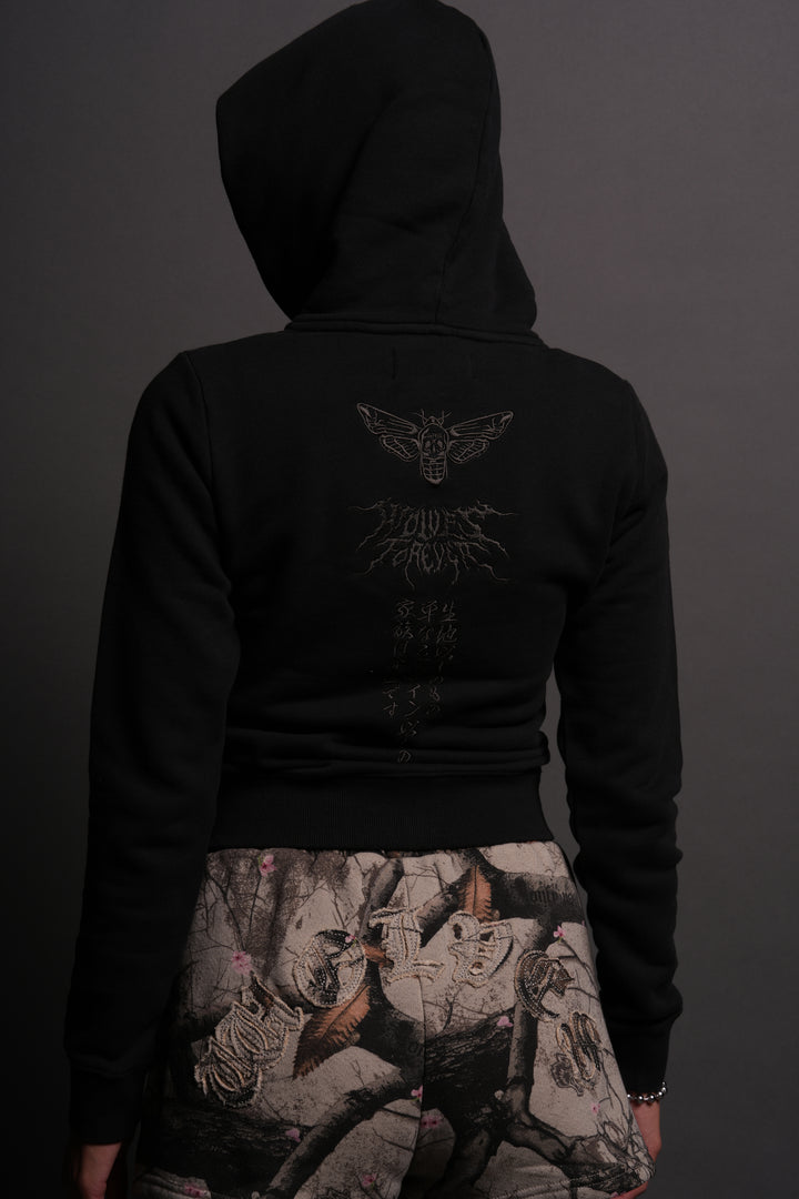 Moth Kanji "Iris" Zip Up Hoodie in Black