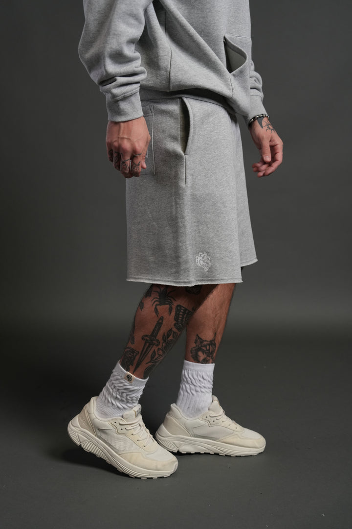 Dual Core Raw Hem Oversized Post Lounge Sweat Shorts in Light Athletic Gray