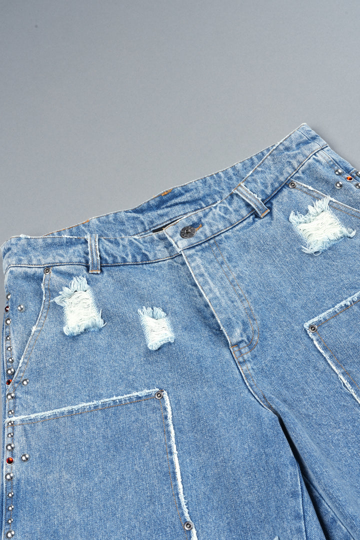 Wolves Heritage Distressed Denim Carpenter Shorts In Light Wash