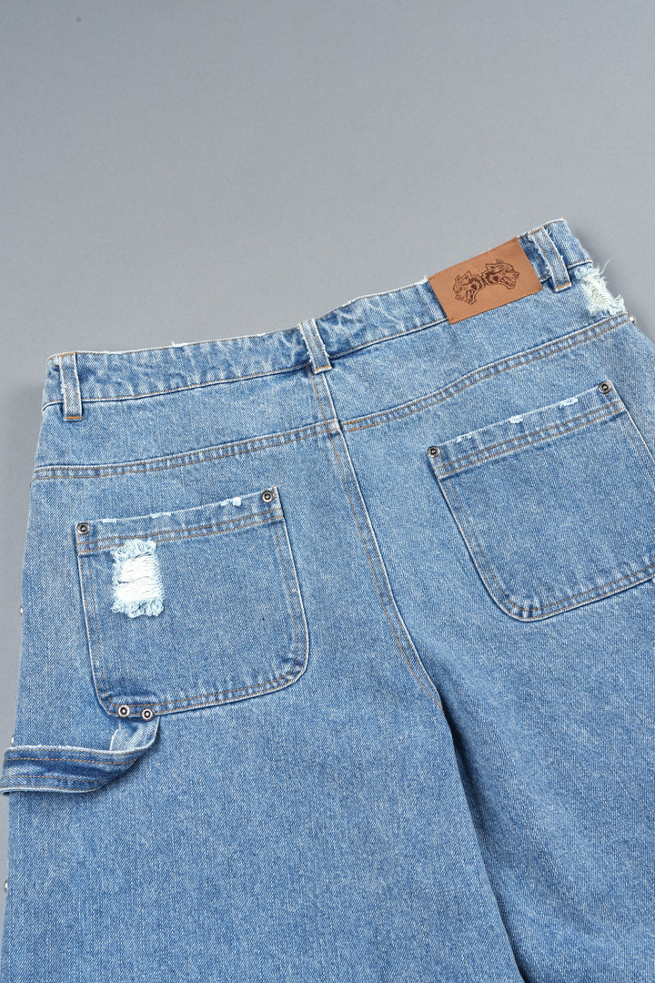 Wolves Heritage Distressed Denim Carpenter Shorts In Light Wash