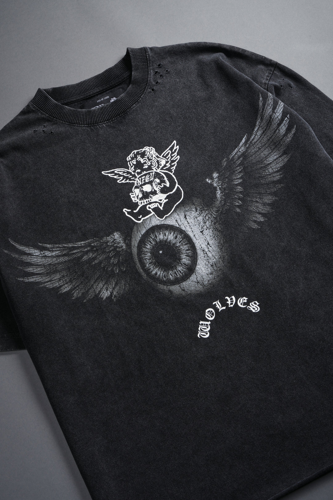 Flight Club Distressed Grunge Mid-Length Raw Hem Tee in Black