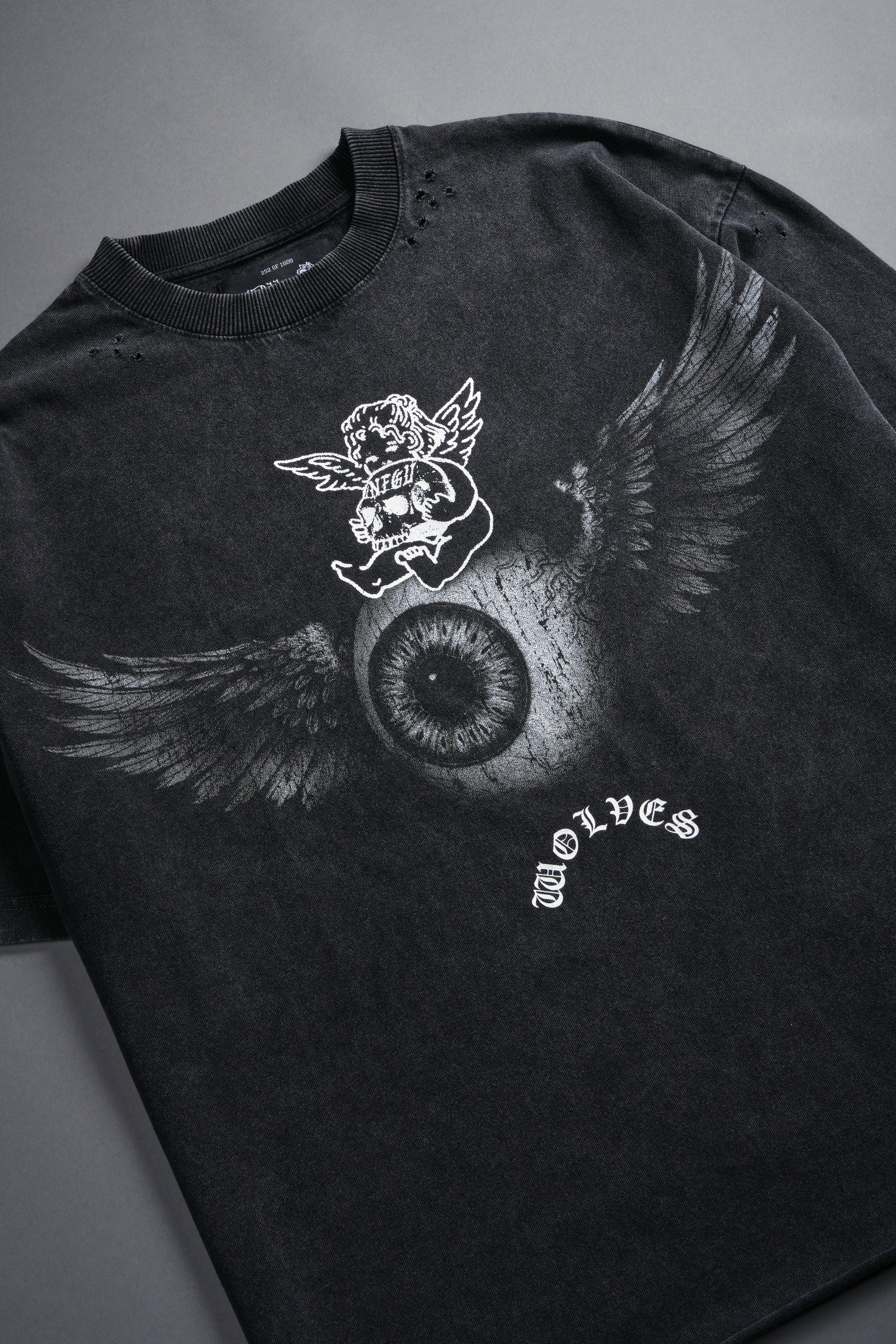 Flight Club Distressed Grunge Mid-Length Raw Hem Tee in Black