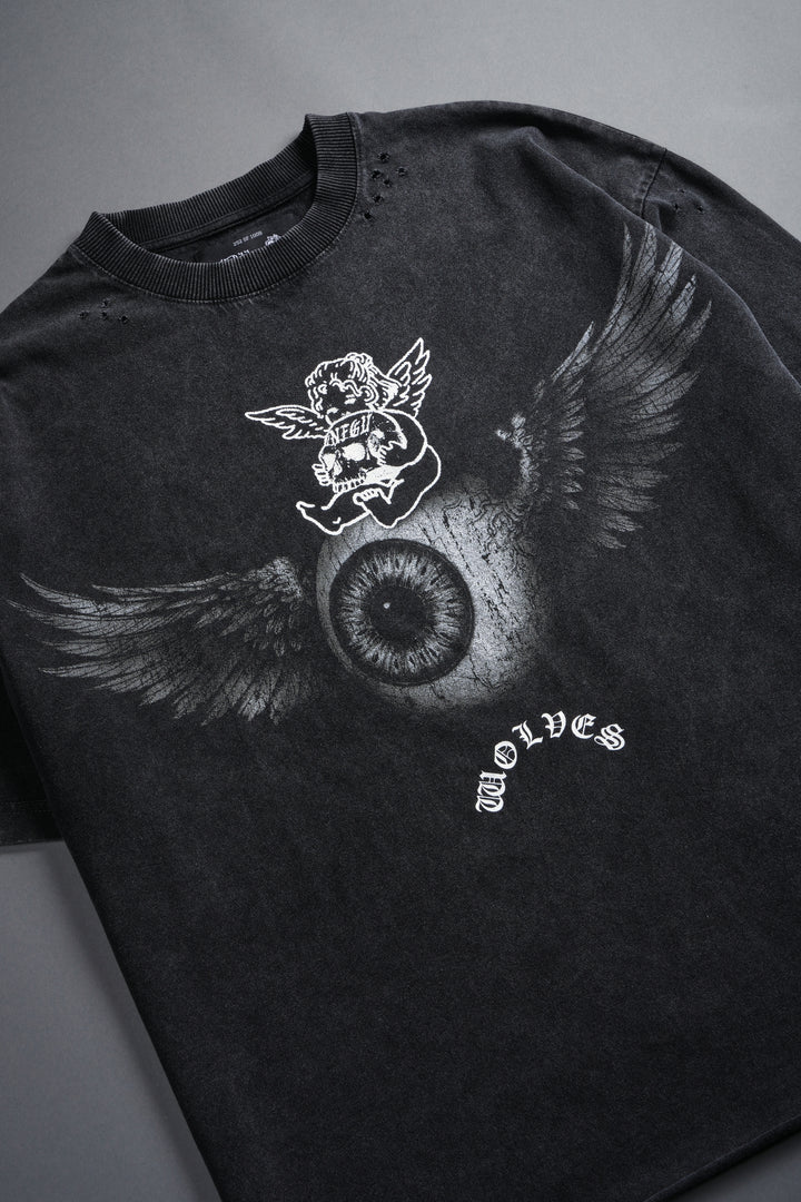 Flight Club Distressed Grunge Mid-Length Raw Hem Tee in Black