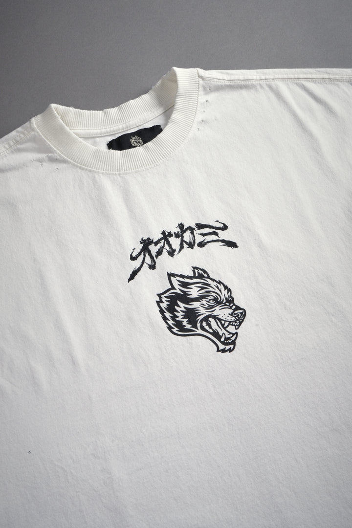 Our Code Distressed Grunge Cut Off Mid Length Raw Hem Tee in Cream