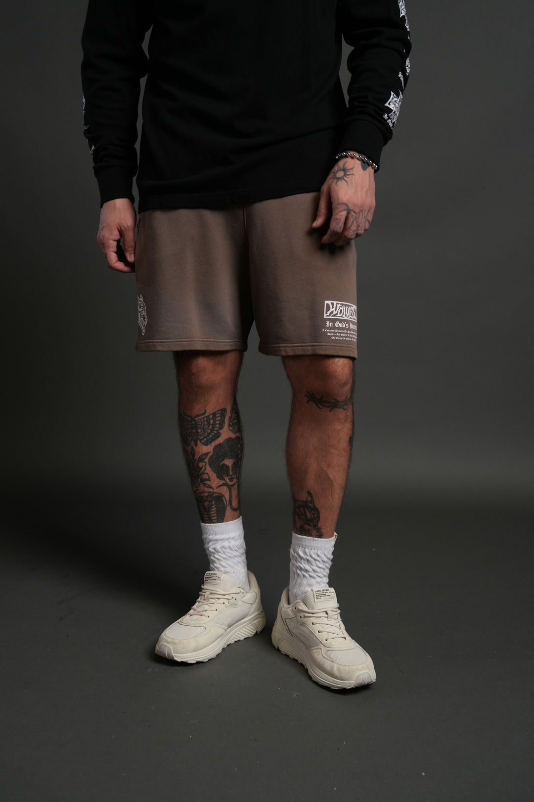 Studded Midnight Wolves Oversized Post Lounge Sweat Shorts in Mojave Brown Drift Wash