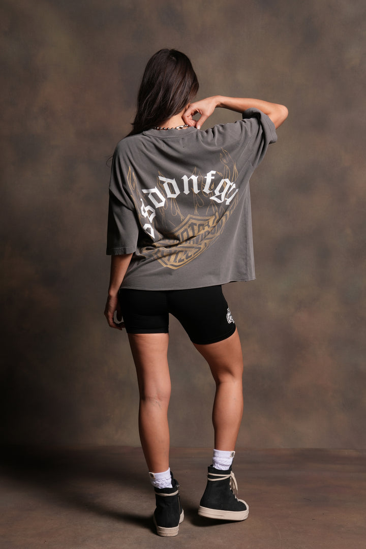 Last Ride Premium Raw Hem Box Cut Tee in Slate Gray