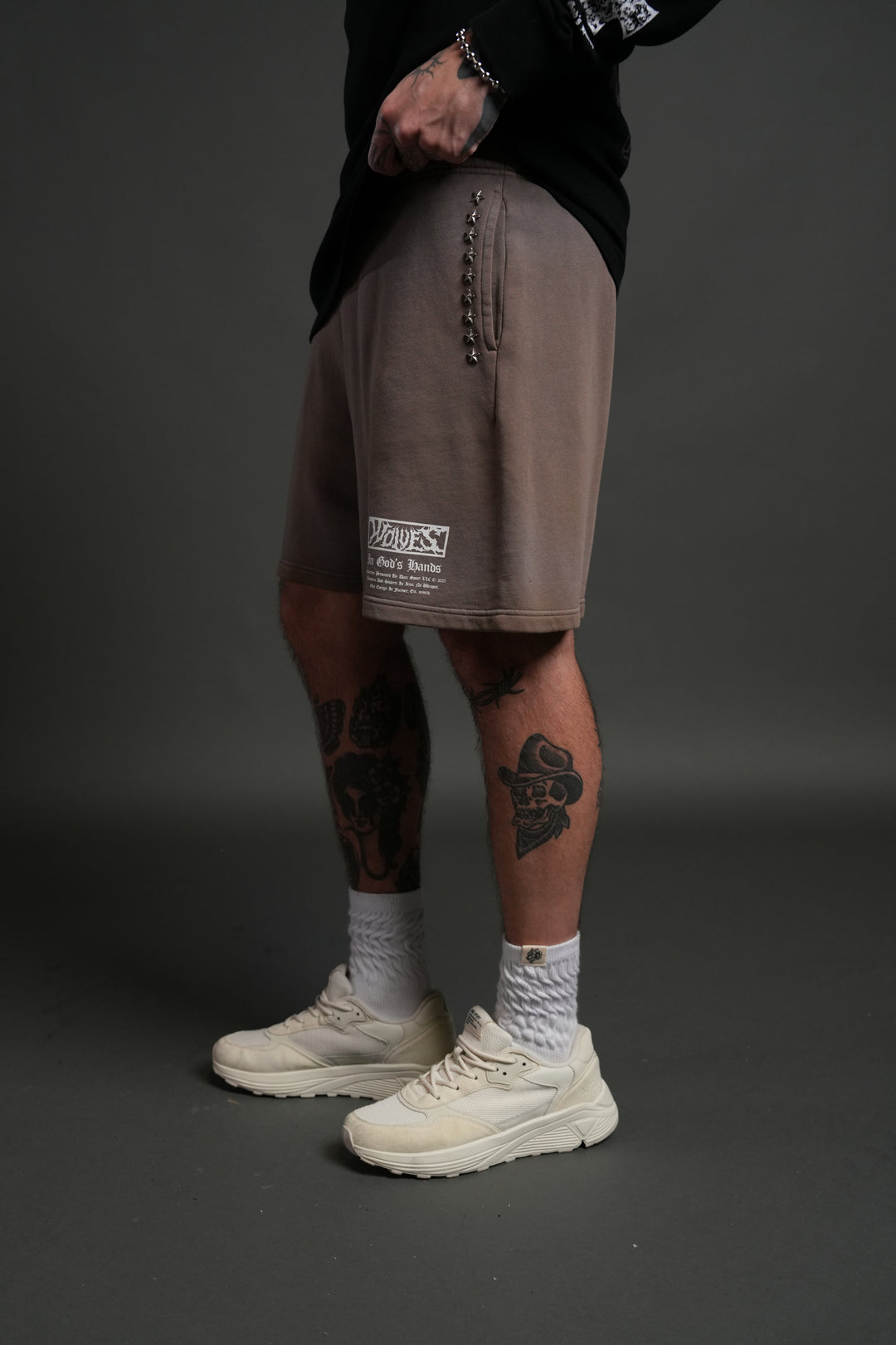 Studded Midnight Wolves Oversized Post Lounge Sweat Shorts in Mojave Brown Drift Wash