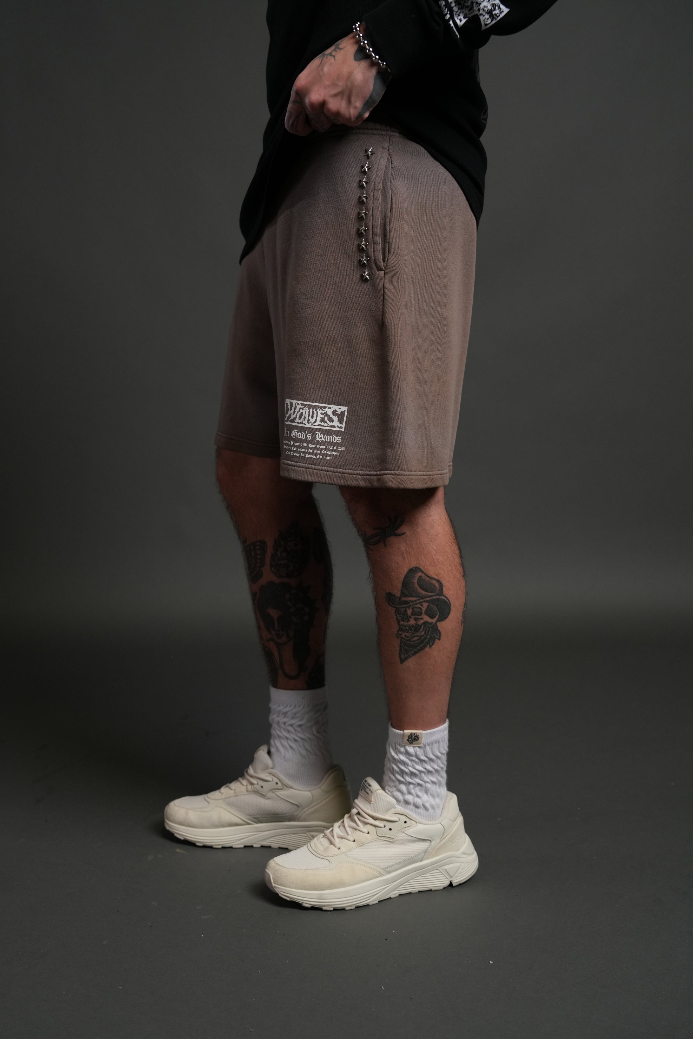 Studded Midnight Wolves Oversized Post Lounge Sweat Shorts in Mojave Brown Drift Wash
