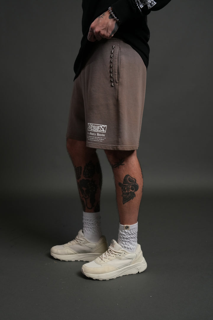 Studded Midnight Wolves Oversized Post Lounge Sweat Shorts in Mojave Brown Drift Wash