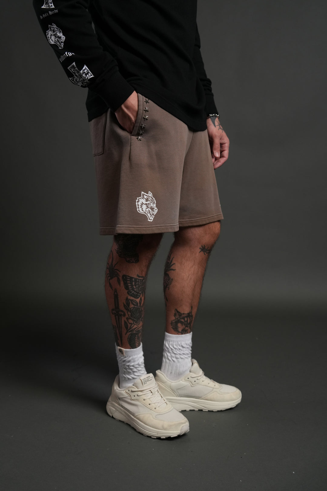 Studded Midnight Wolves Oversized Post Lounge Sweat Shorts in Mojave Brown Drift Wash