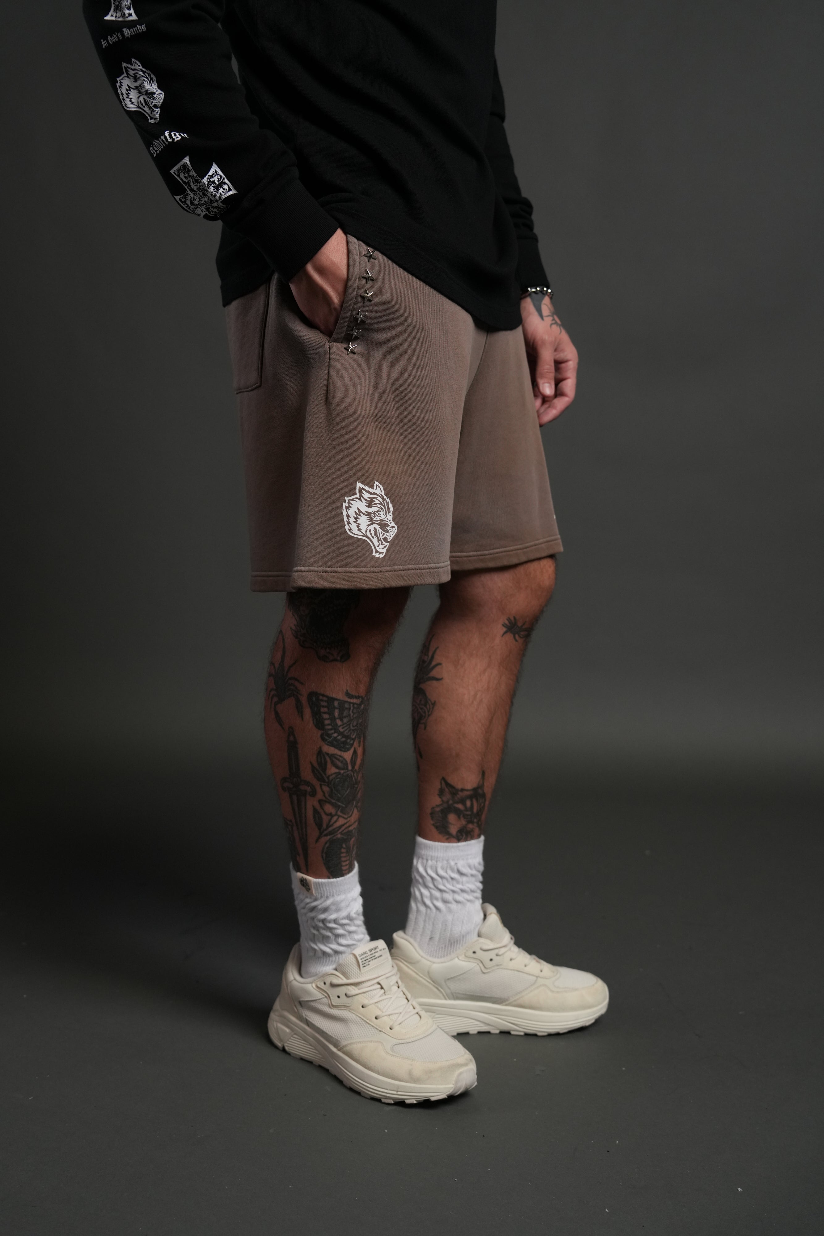 Studded Midnight Wolves Oversized Post Lounge Sweat Shorts in Mojave Brown Drift Wash