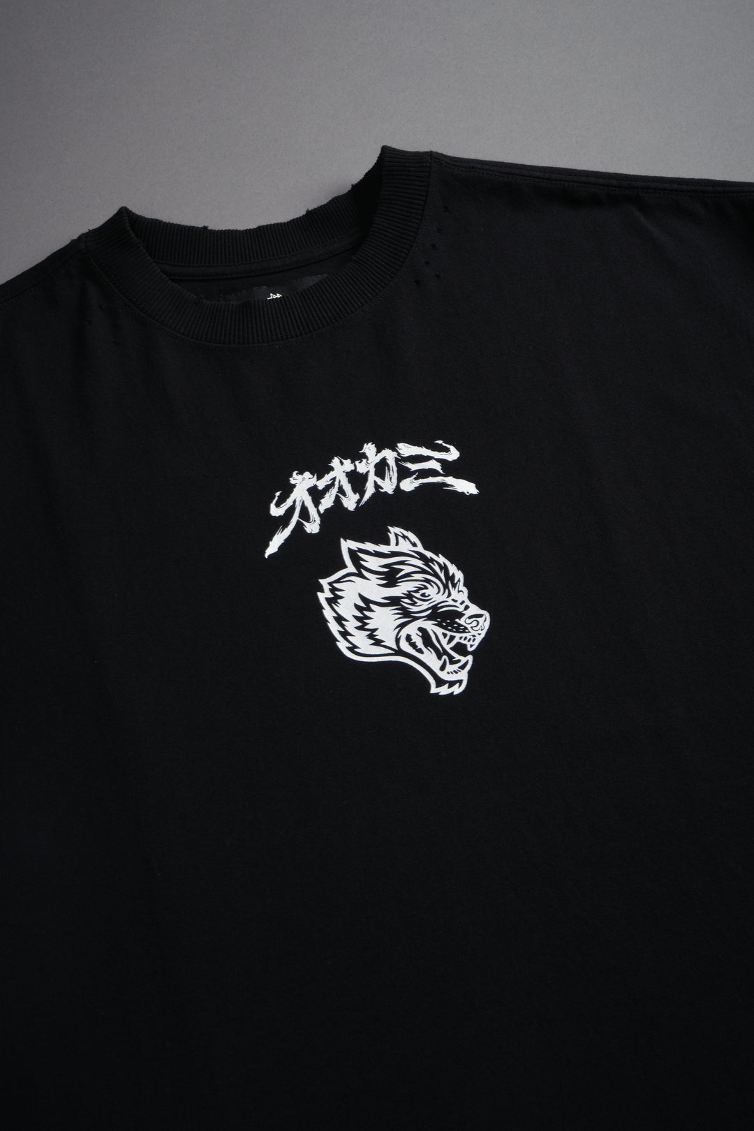 Our Code Distressed Grunge Cut Off Mid Length Raw Hem Tee in Black
