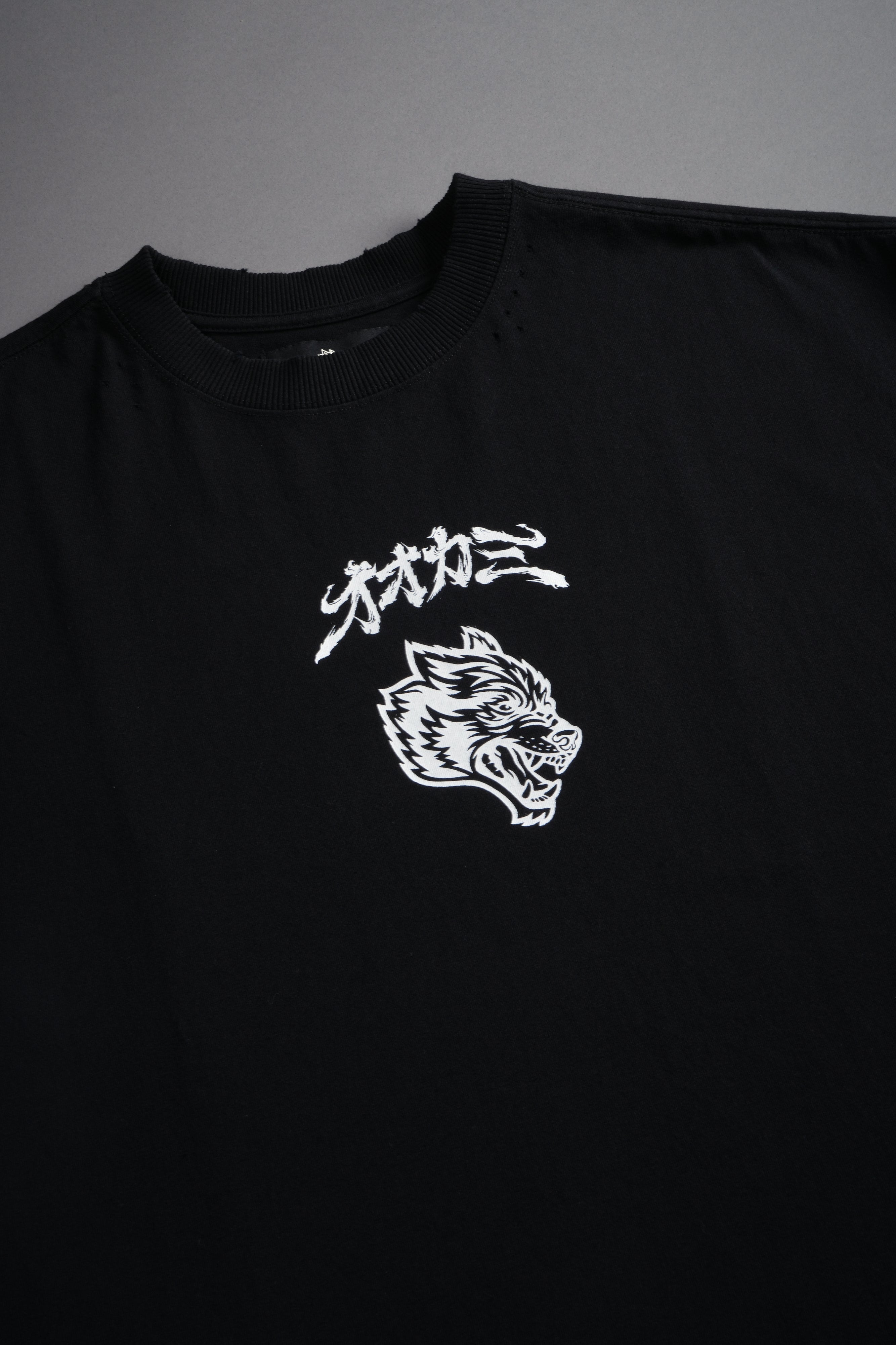 Our Code Distressed Grunge Cut Off Mid Length Raw Hem Tee in Black
