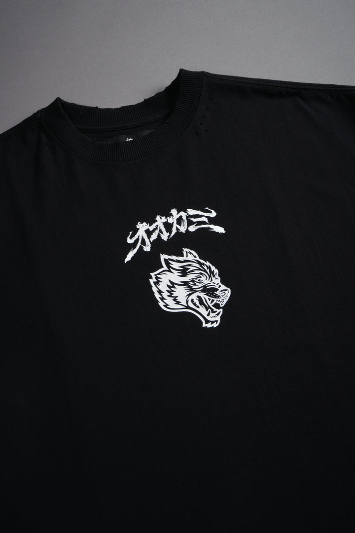 Our Code Distressed Grunge Cut Off Mid Length Raw Hem Tee in Black