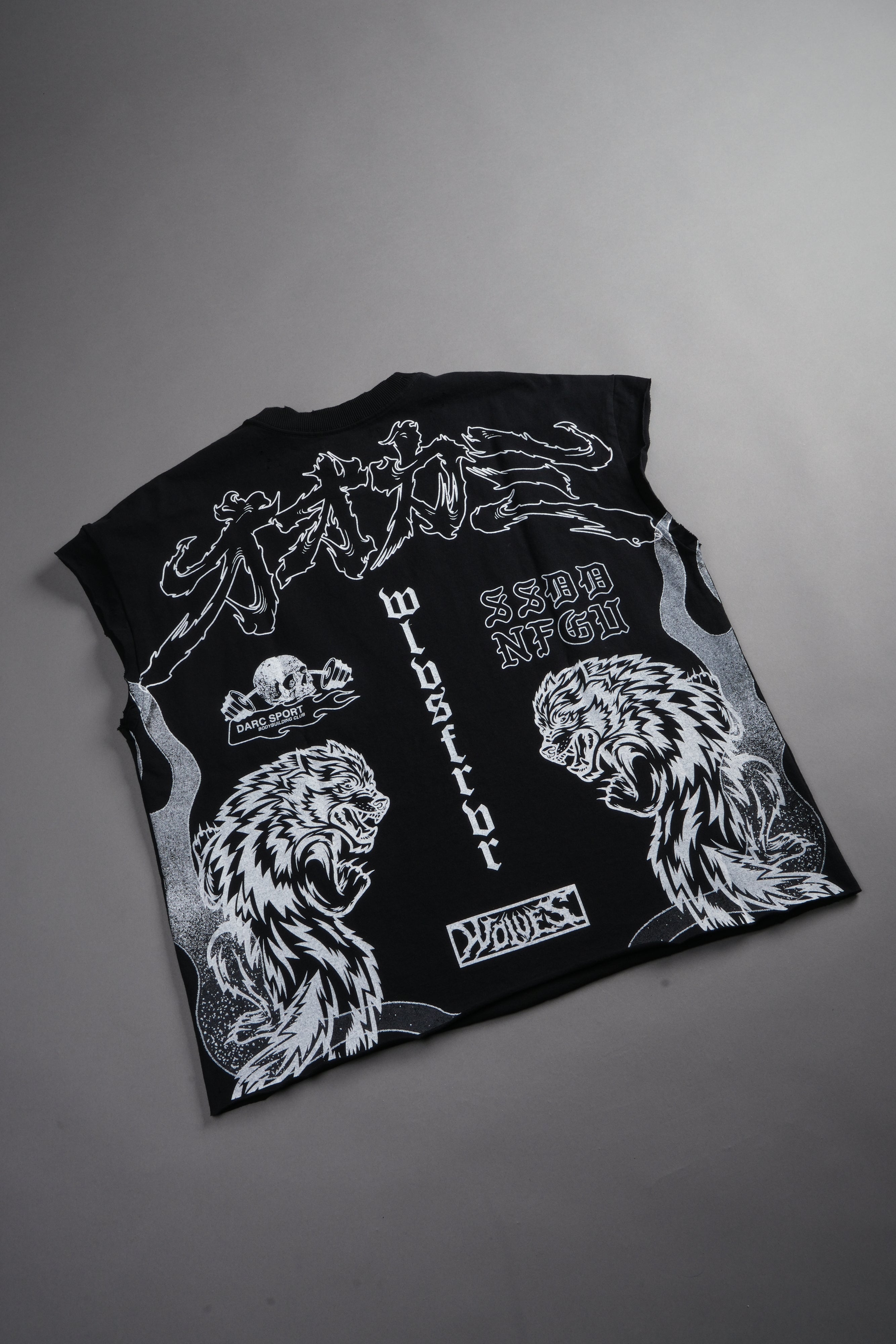 Our Code Distressed Grunge Cut Off Mid Length Raw Hem Tee in Black