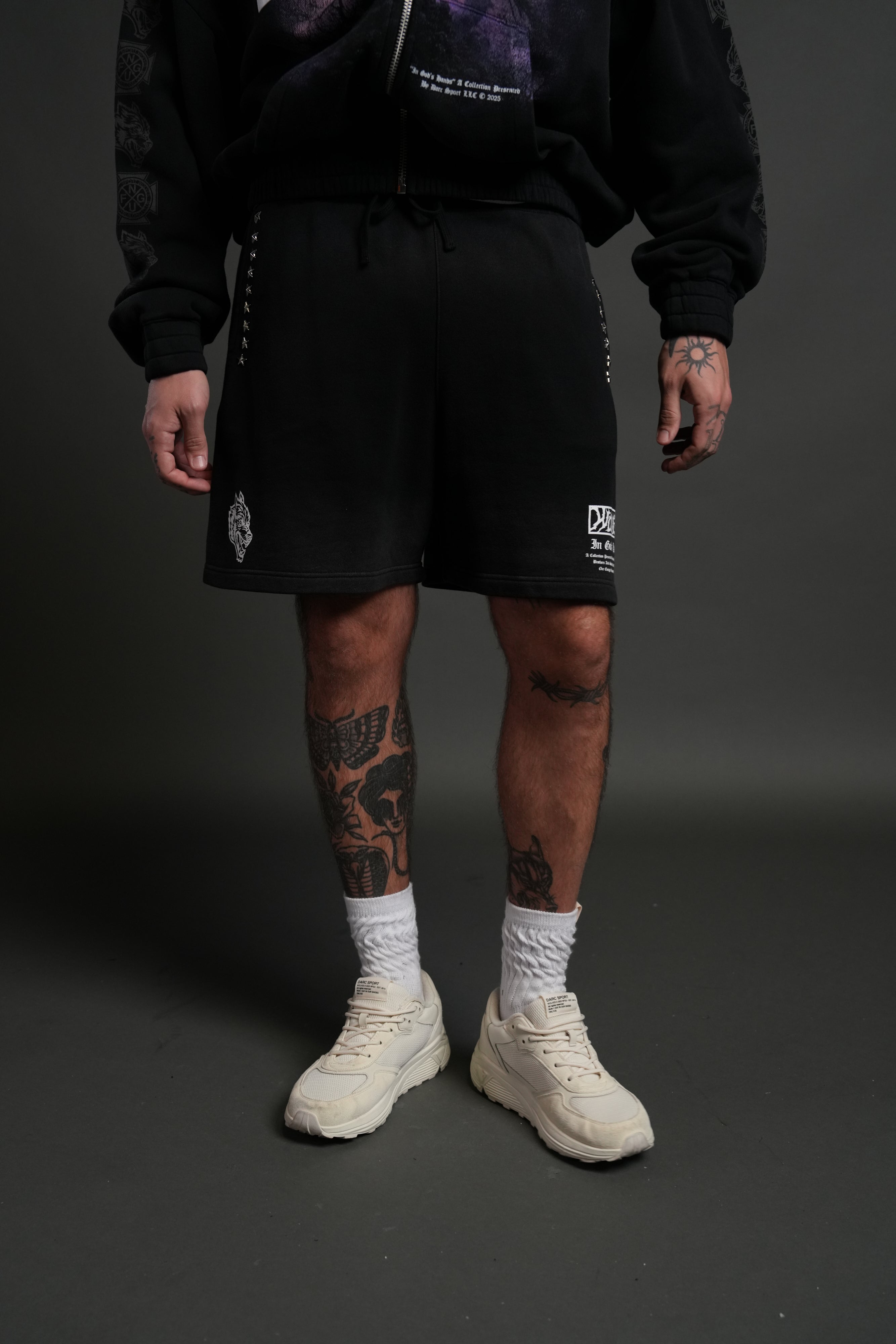 Studded Midnight Wolves Oversized Post Lounge Sweat Shorts in Black Drift Wash
