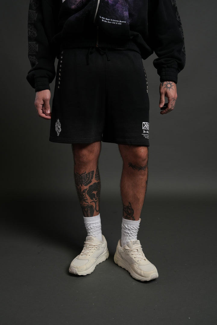 Studded Midnight Wolves Oversized Post Lounge Sweat Shorts in Black Drift Wash